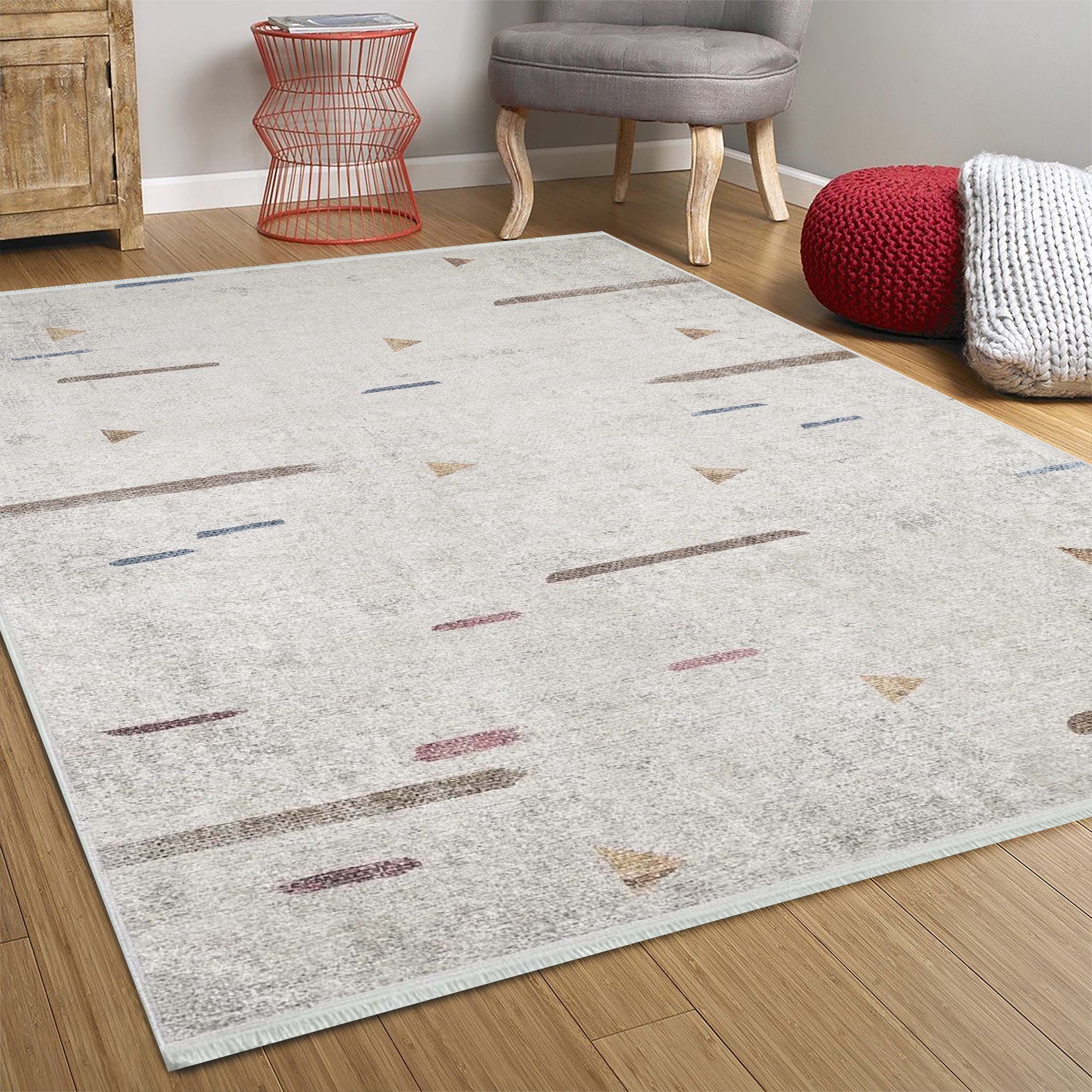 Beyaz Krem Eskitme Geometrik Desenli Halı - Pera Halı