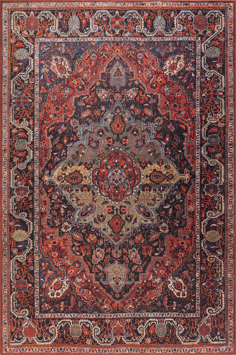 Siyah ve Kiremit Geleneksel Desenli Folk Halı