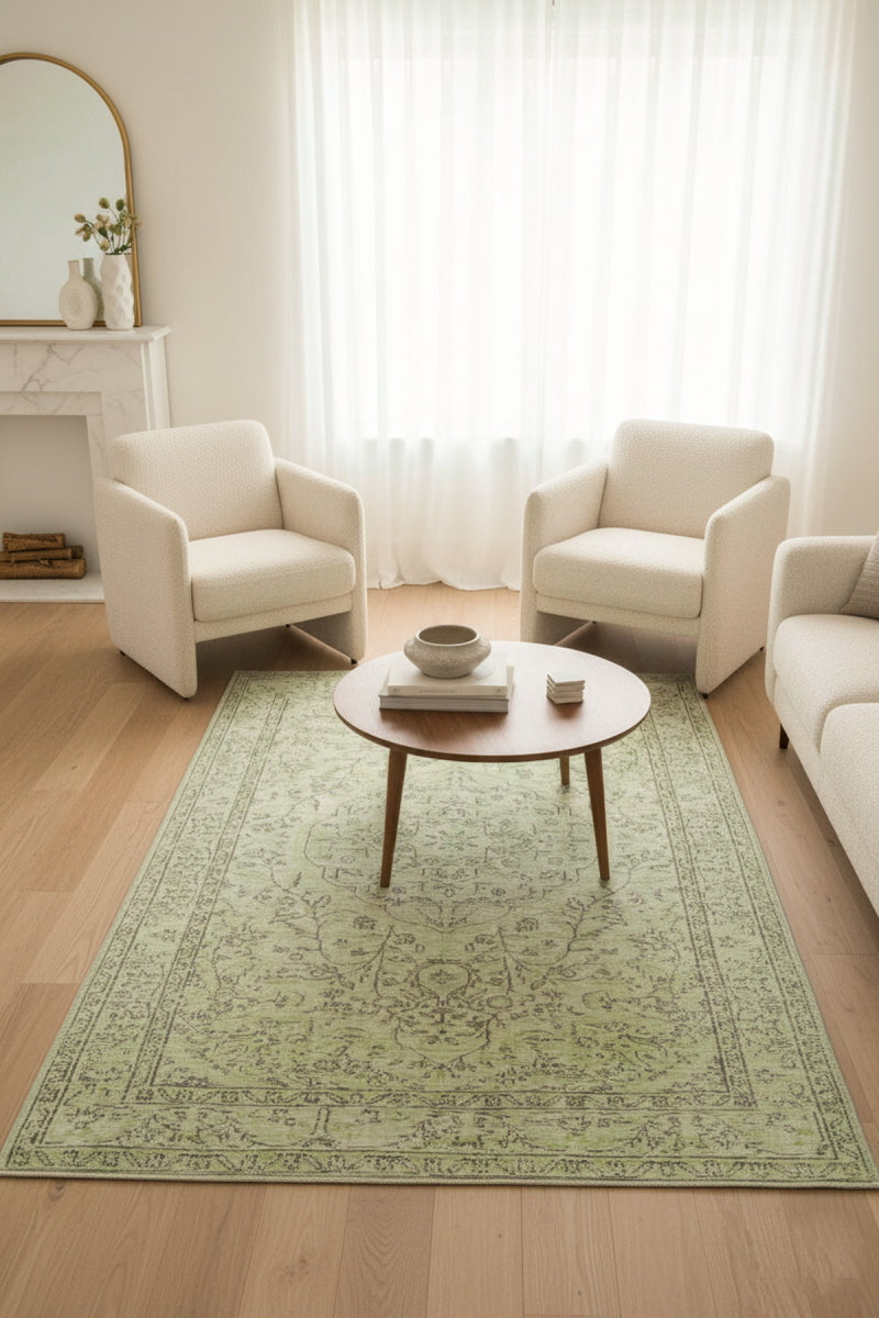 Soluk Adaçayı Yeşili ve Bej Eskitme Desenli Folk Halı