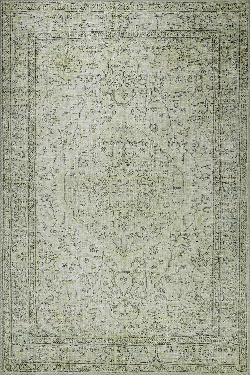 Soluk Adaçayı Yeşili ve Bej Eskitme Desenli Folk Halı