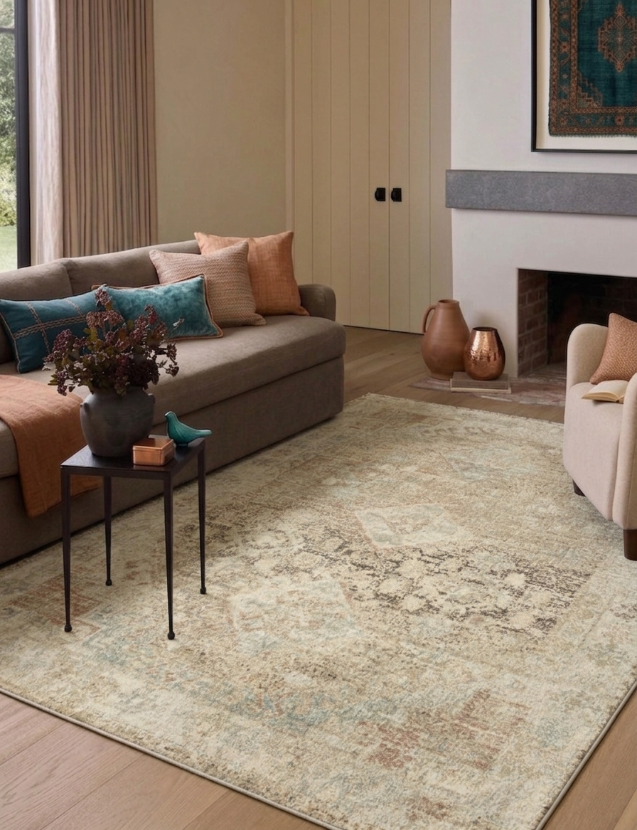 Modern Vizon ve Krem Eskitme Desenli Halı - FMBH02