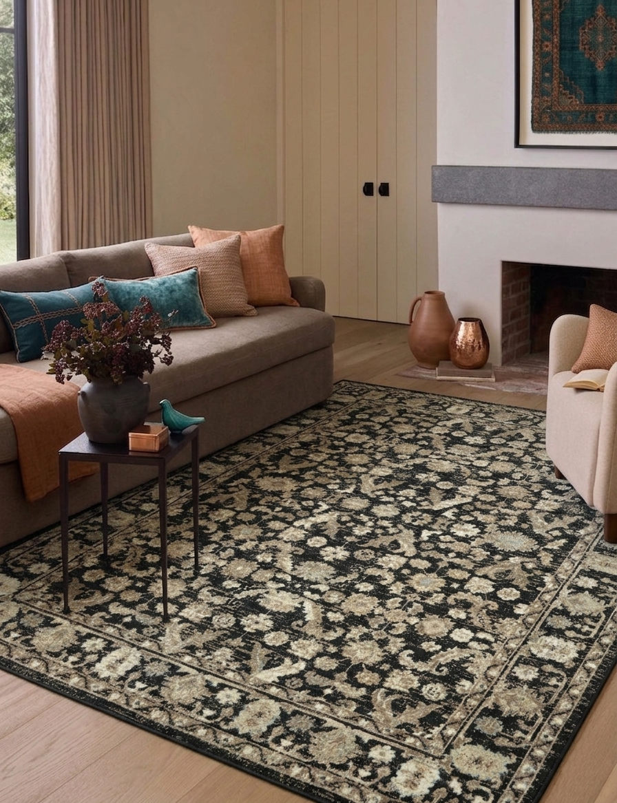 Klasik Esintili Siyah ve Bej Vintage Desenli Halı - FMBH03