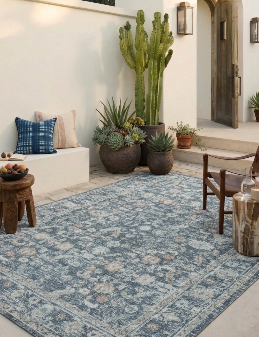 Mavi ve Antrasit Eskitme Desenli Vintage Halı - FMBH04