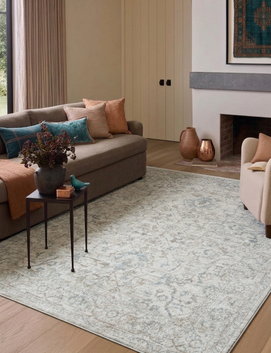 Açık Gri ve Buz Mavisi Eskitme Desenli Vintage Halı - FMBH05