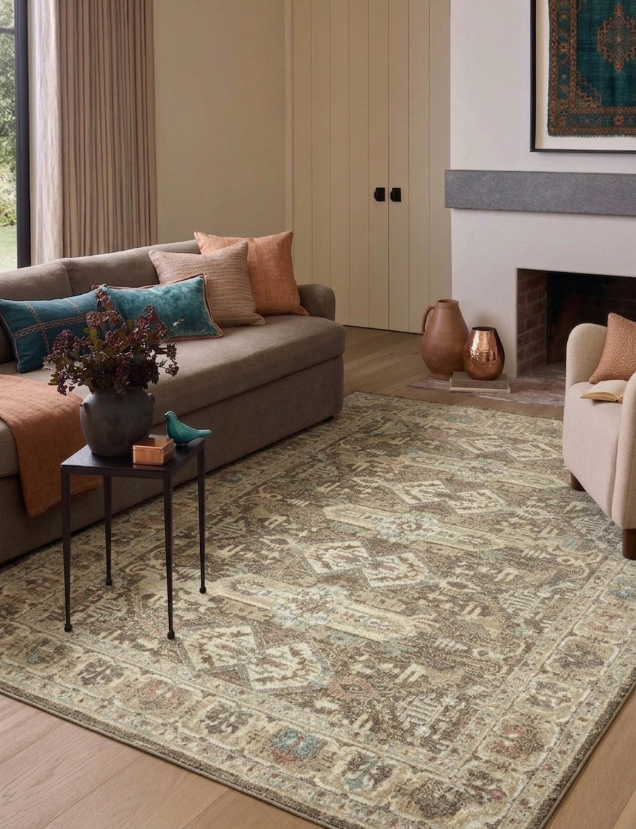 Geometrik Etnik Desenli Kahve ve Toprak Tonları Vintage Halı - FMBH07