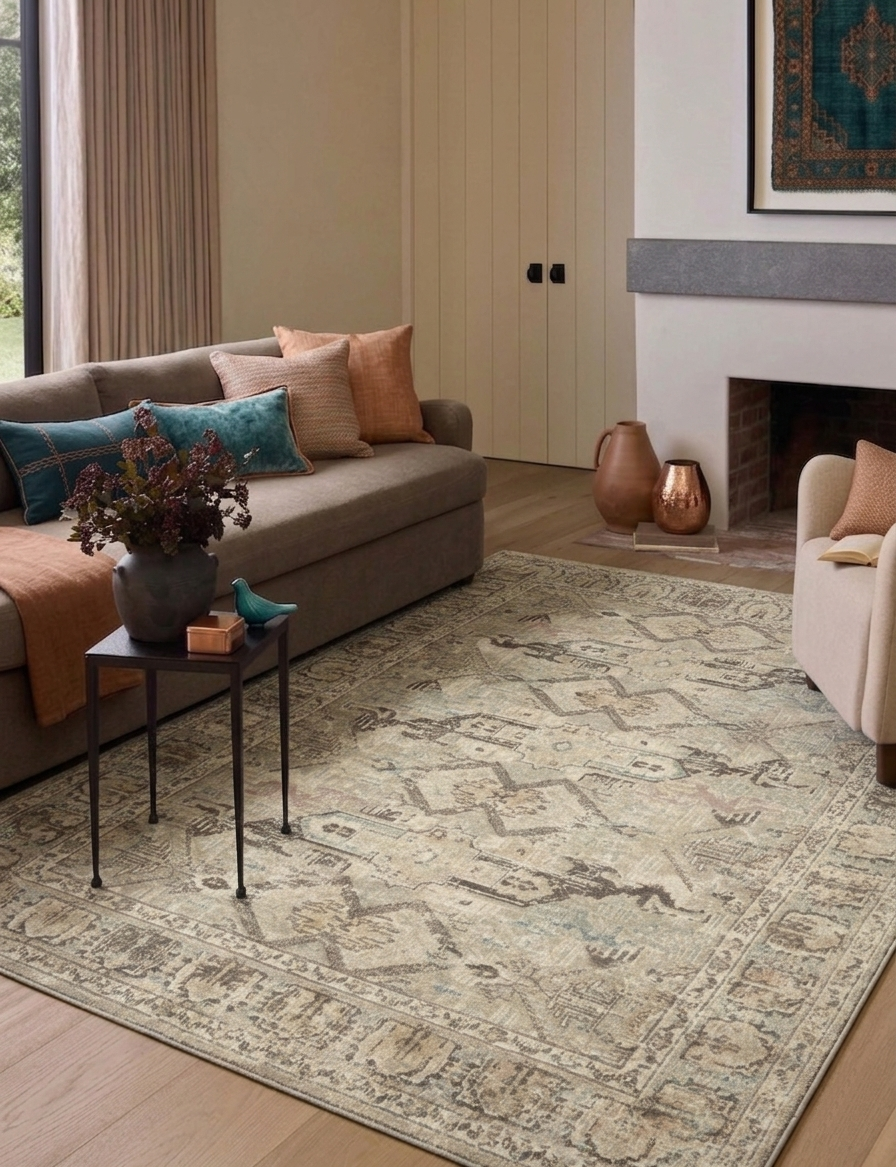 Kum Beji ve Vizon Geometrik Motifli Vintage Eskitme Halı - FMBH08