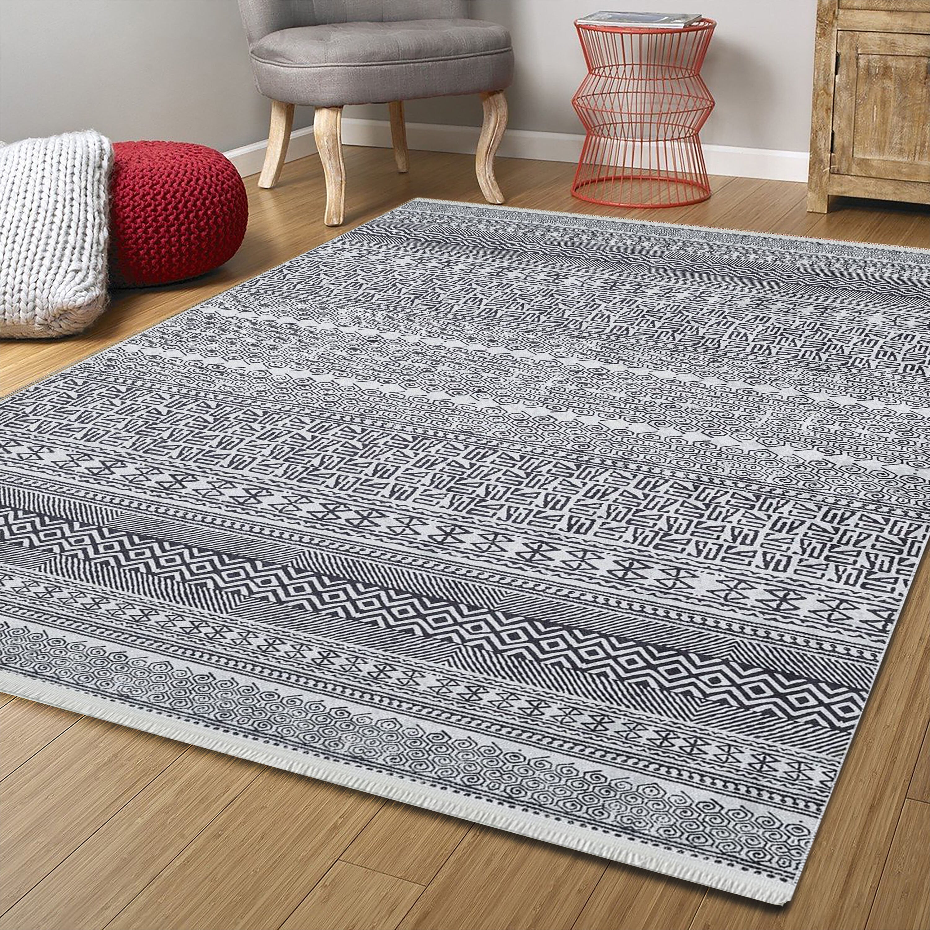 Gri Siyah Geometrik Desenli Halı - Pera Halı