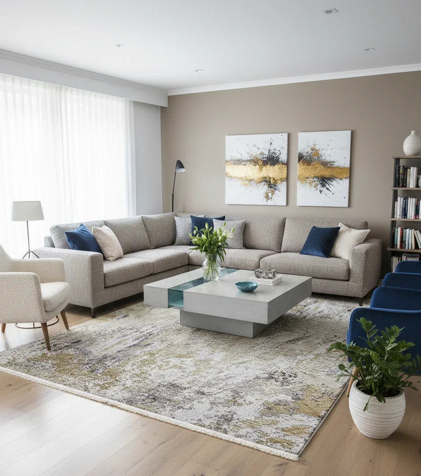 Bej, Altın ve Gri Tonlarda Modern Lüks Soyut Sanat Halısı-Pera Halı