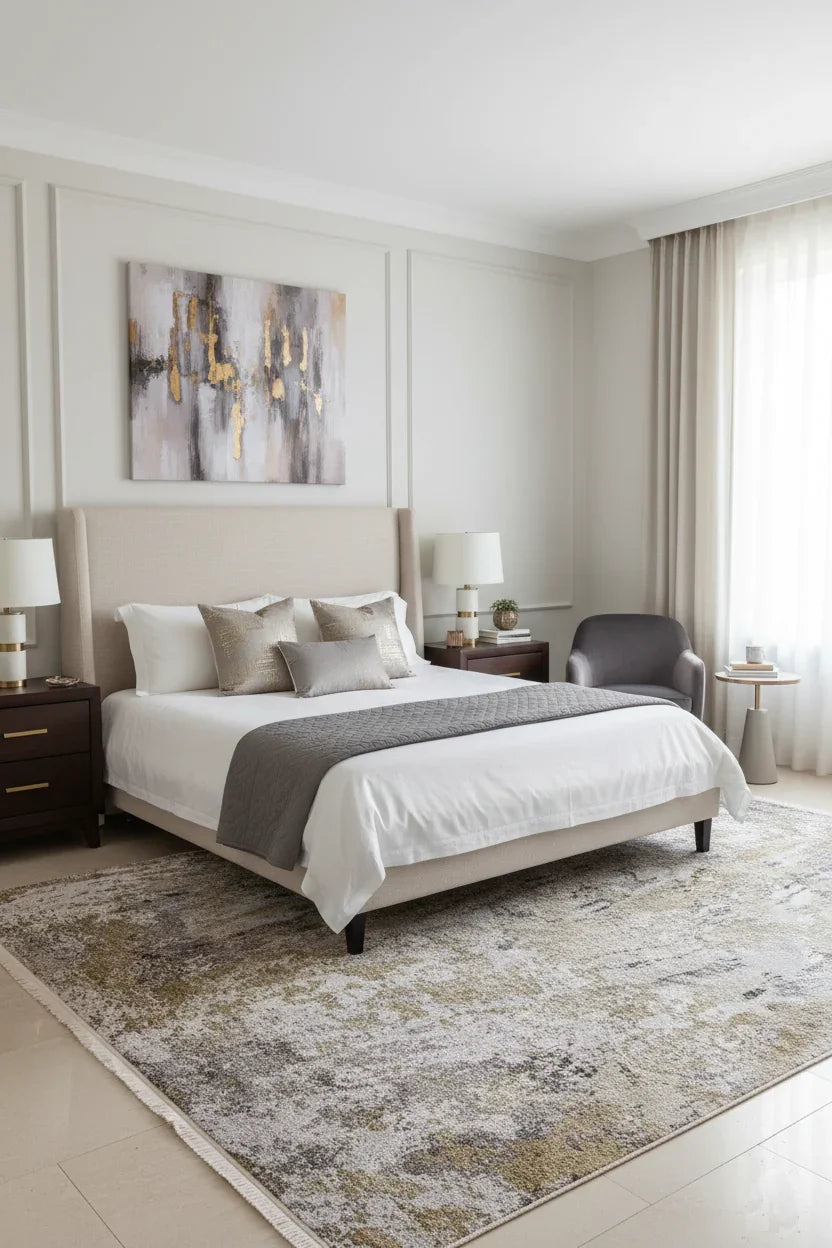 Bej, Altın ve Gri Tonlarda Modern Lüks Soyut Sanat Halısı-Pera Halı