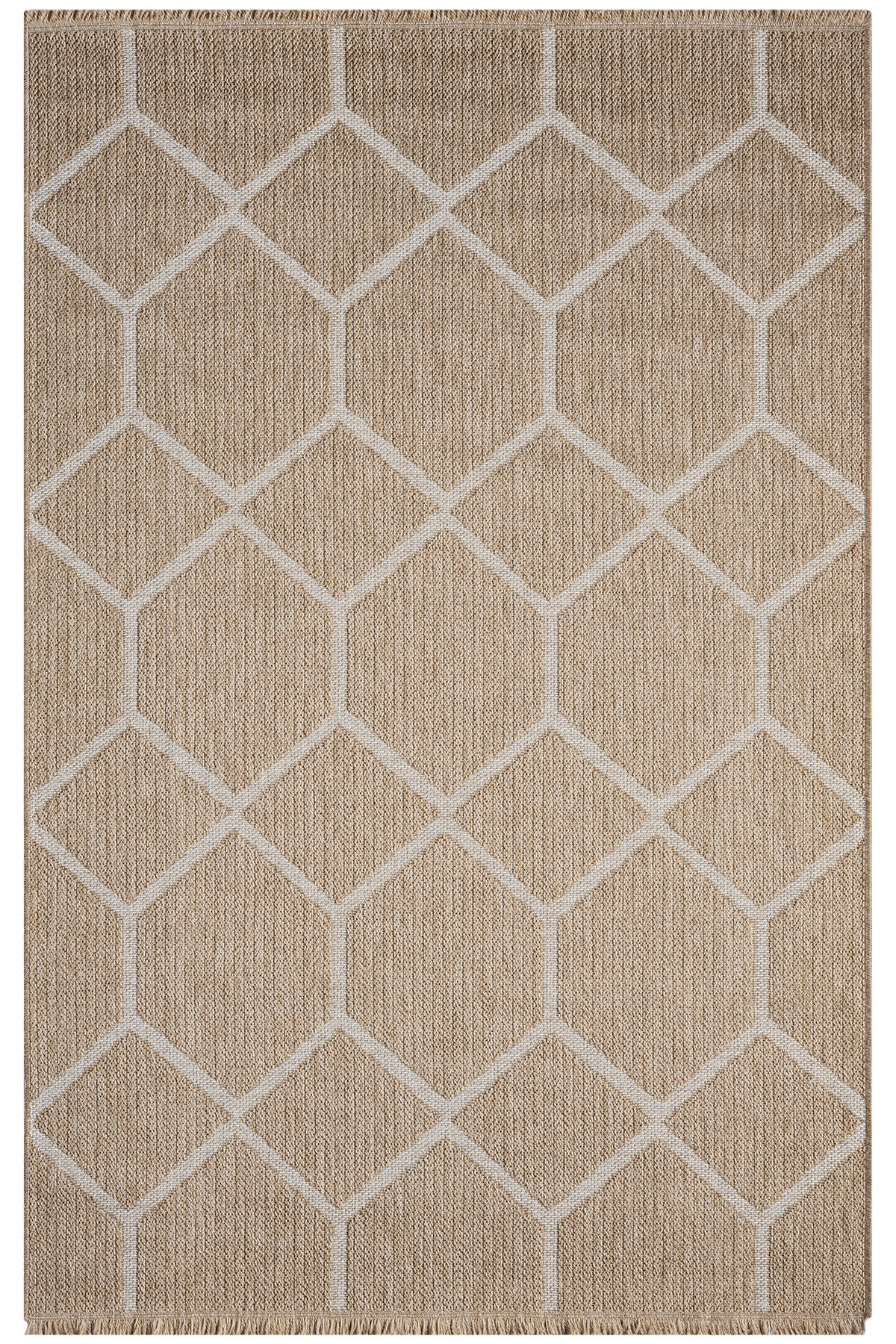 Bej Beyaz Altıgen Geometrik Modern Jüt Görünümlü Halı-Pera Halı