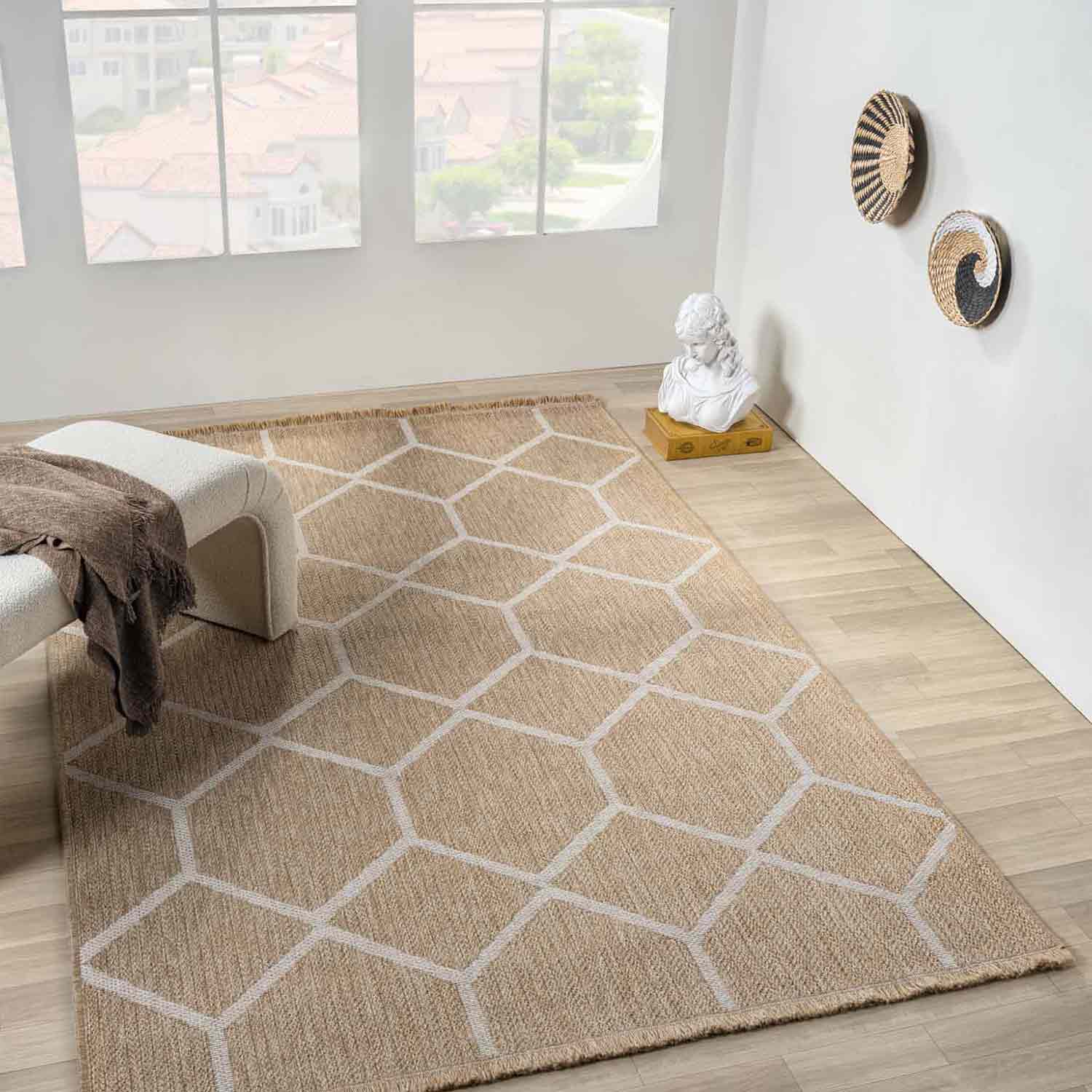 Bej Beyaz Altıgen Geometrik Modern Jüt Görünümlü Halı-Pera Halı