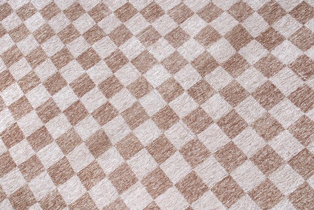 Bej Beyaz Modern Geometrik Dama Desenli Yıkanabilir Halı-Pera Halı