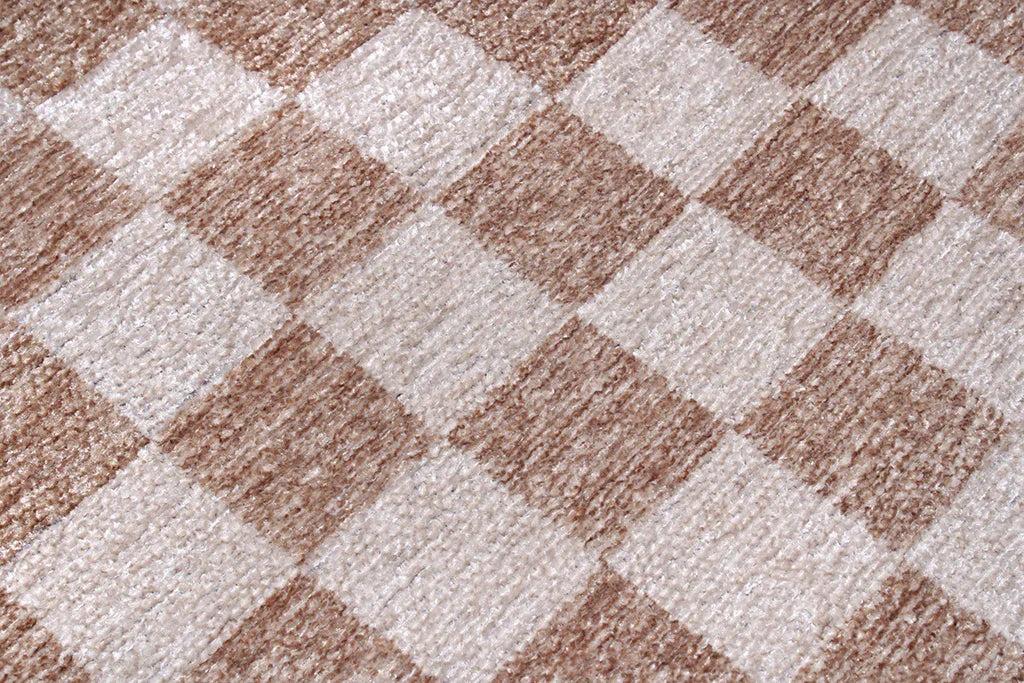 Bej Beyaz Modern Geometrik Dama Desenli Yıkanabilir Halı-Pera Halı