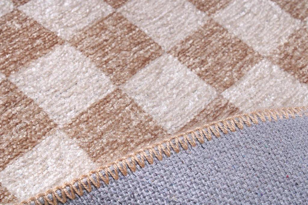 Bej Beyaz Modern Geometrik Dama Desenli Yıkanabilir Halı-Pera Halı