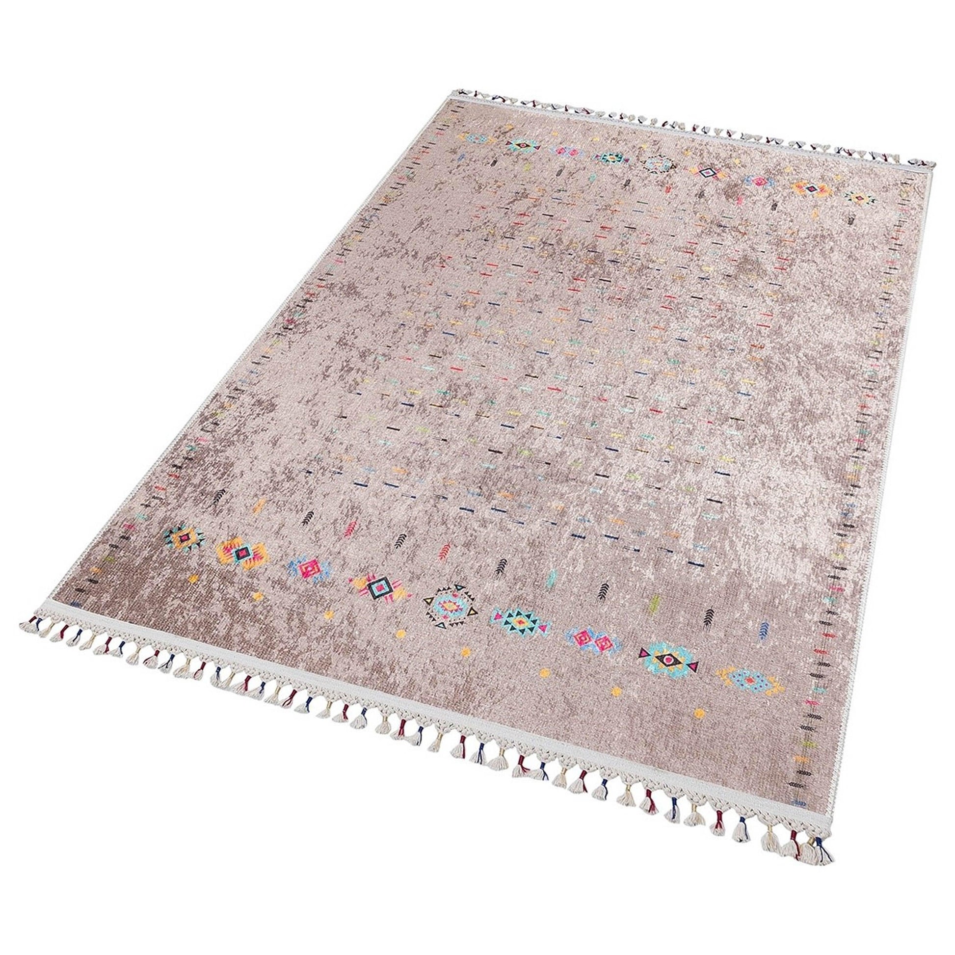 Bej Çok Renkli Etnik Desenli Modern Saçaklı Kilim Halı-Pera Halı