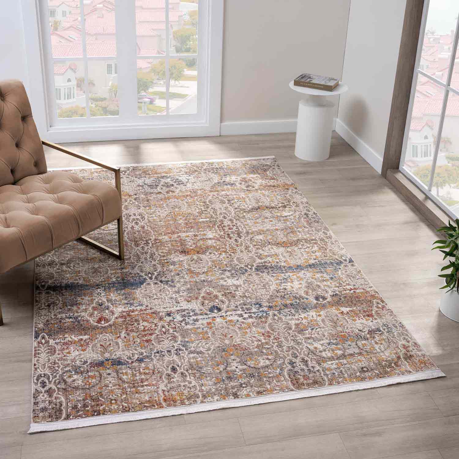 Bej Çok Renkli Klasik Eskitme Desenli Halı-Pera Halı