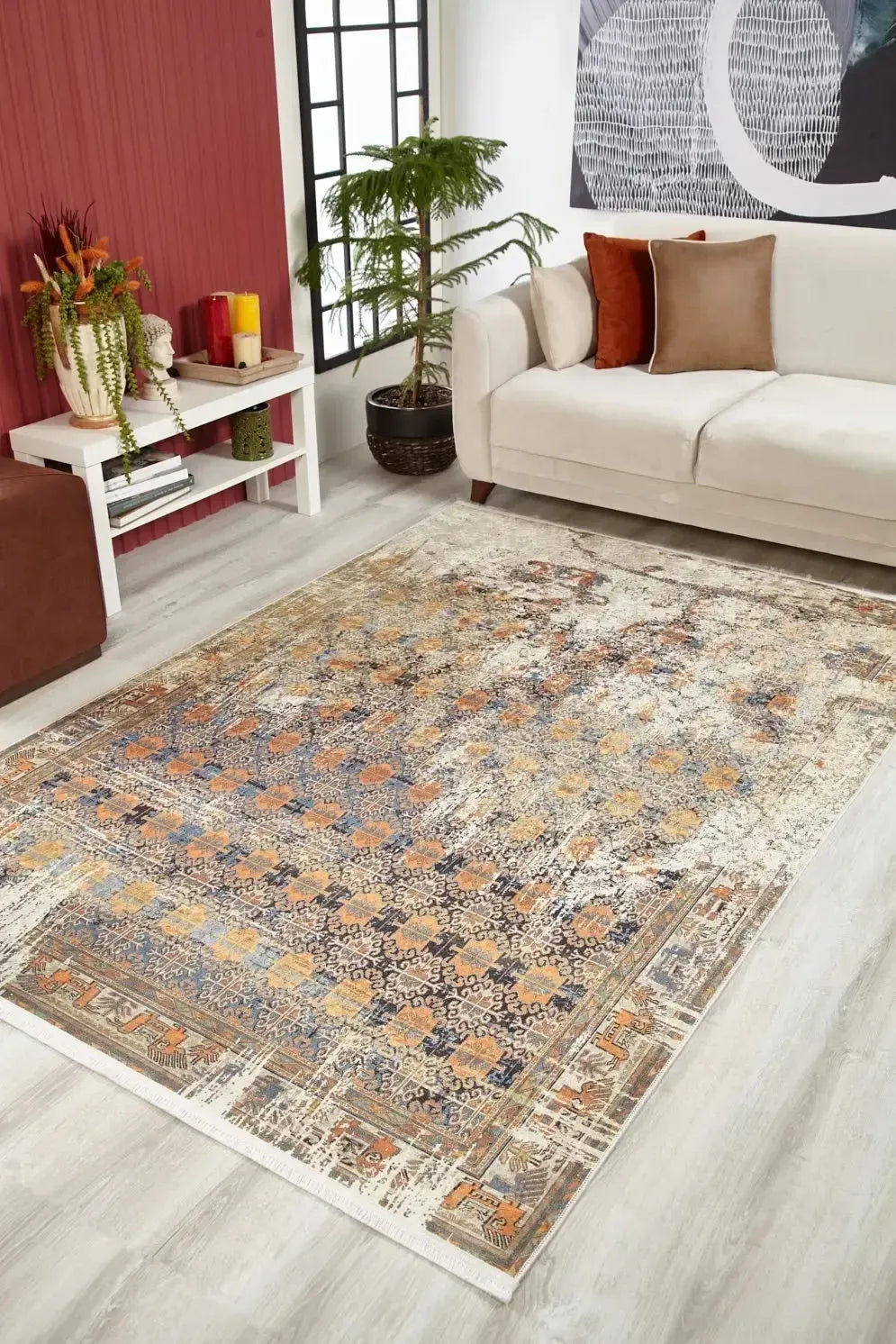 Bej Eskitme Geometrik Desenli Halı-Pera Halı