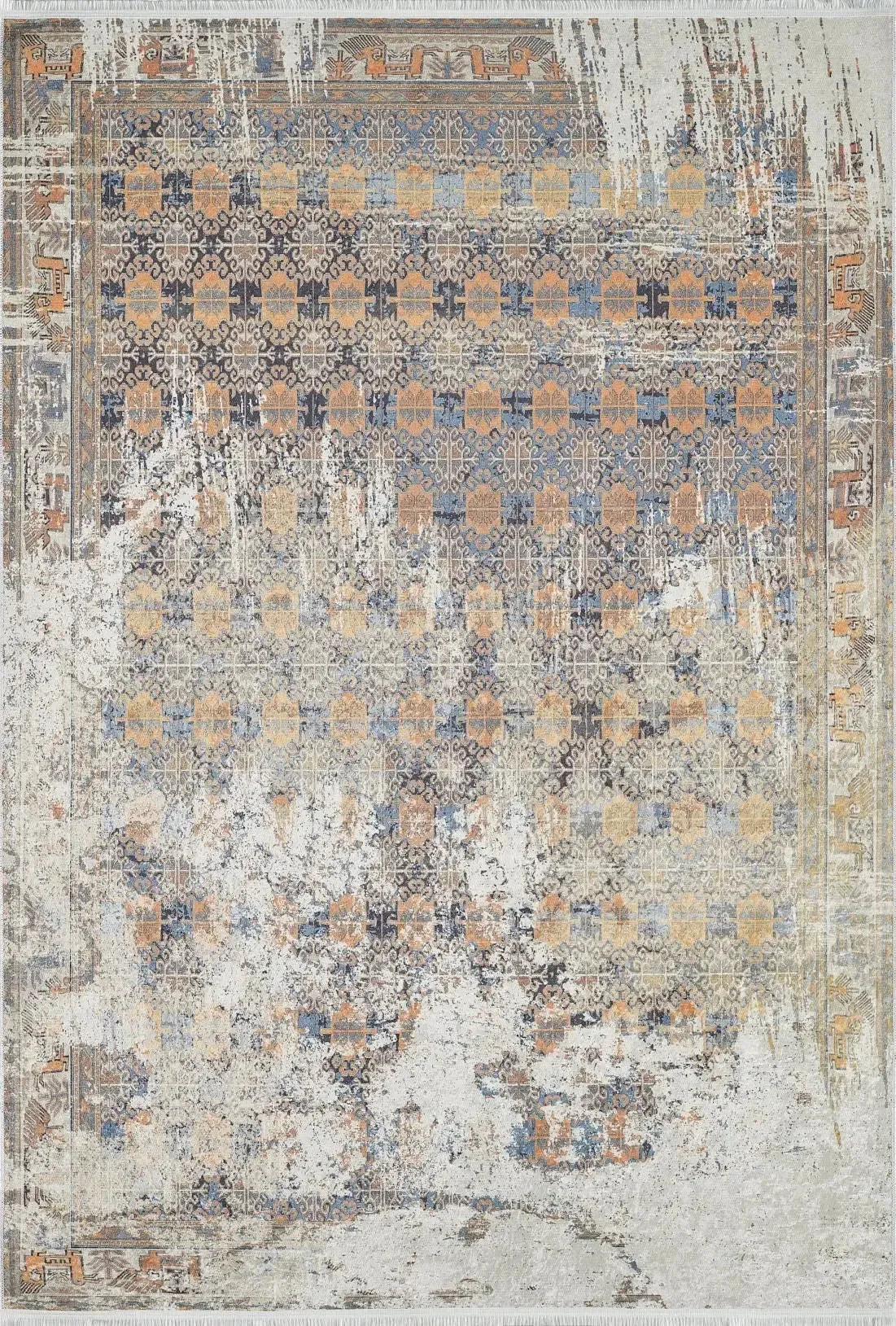 Bej Eskitme Geometrik Desenli Halı-Pera Halı