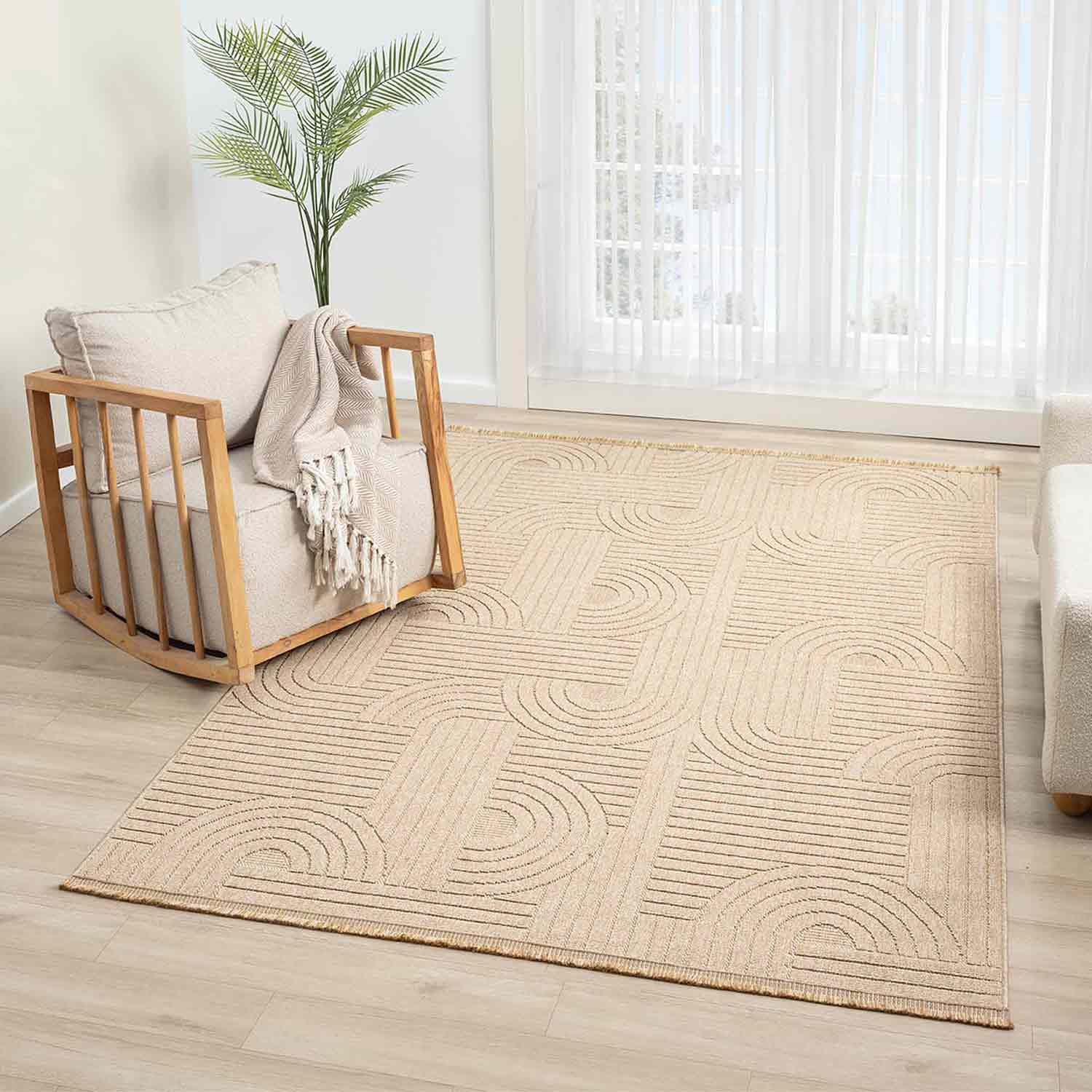 Bej Geometrik Desenli Yumuşak Modern Halı-Pera Halı