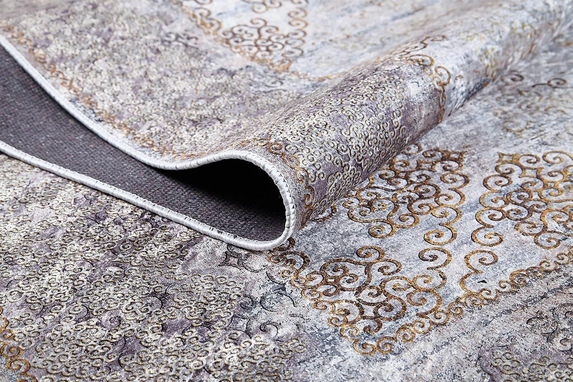 Bej Gri Altın Çiçekli Vintage Madalyonlu Geometrik Halı-Pera Halı