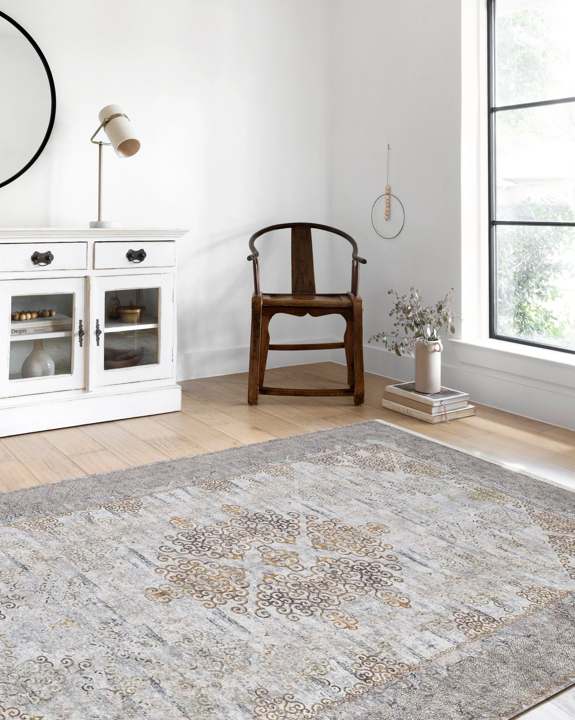 Bej Gri Altın Çiçekli Vintage Madalyonlu Geometrik Halı-Pera Halı