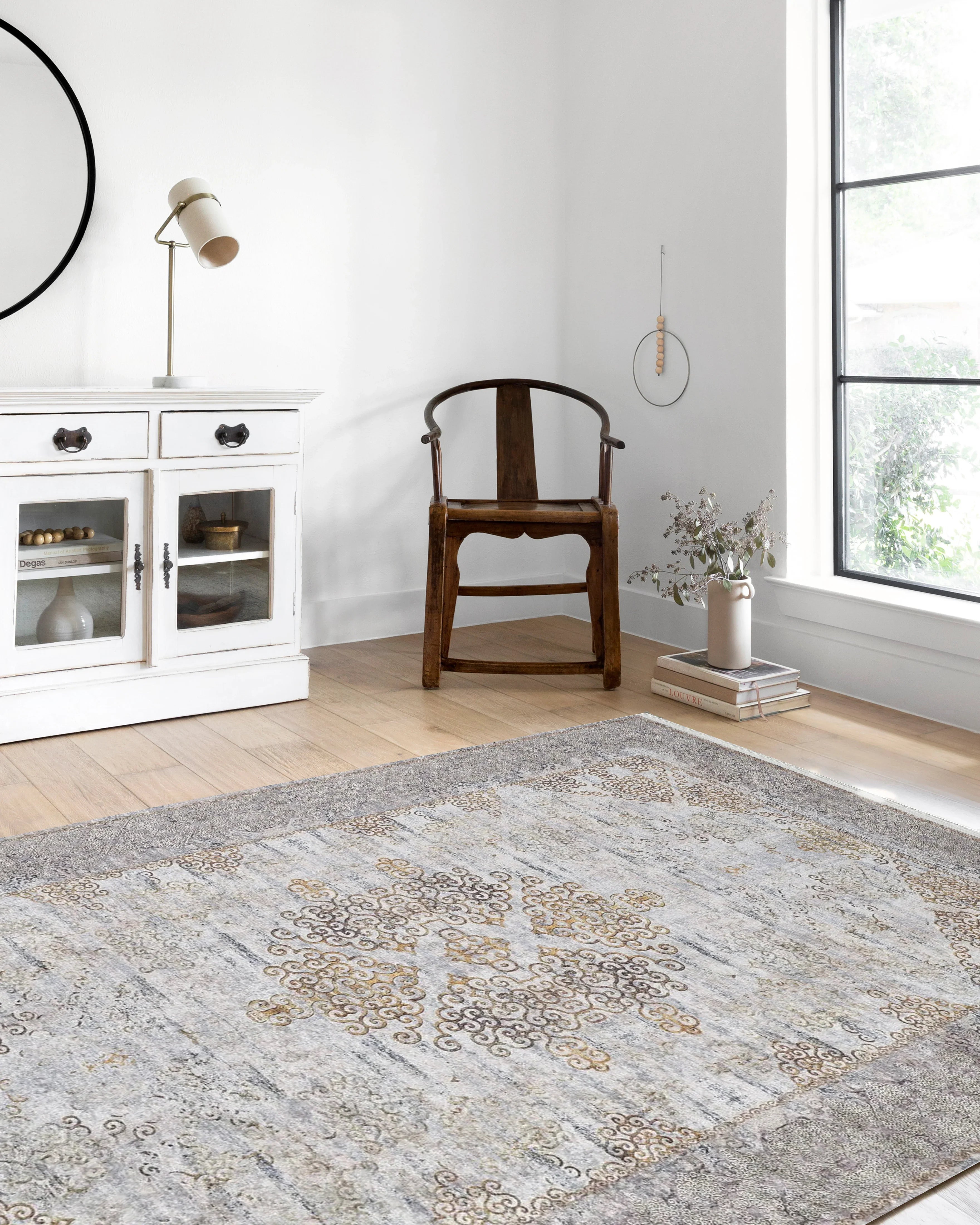 Bej Gri Altın Çiçekli Vintage Madalyonlu Geometrik Halı-Pera Halı