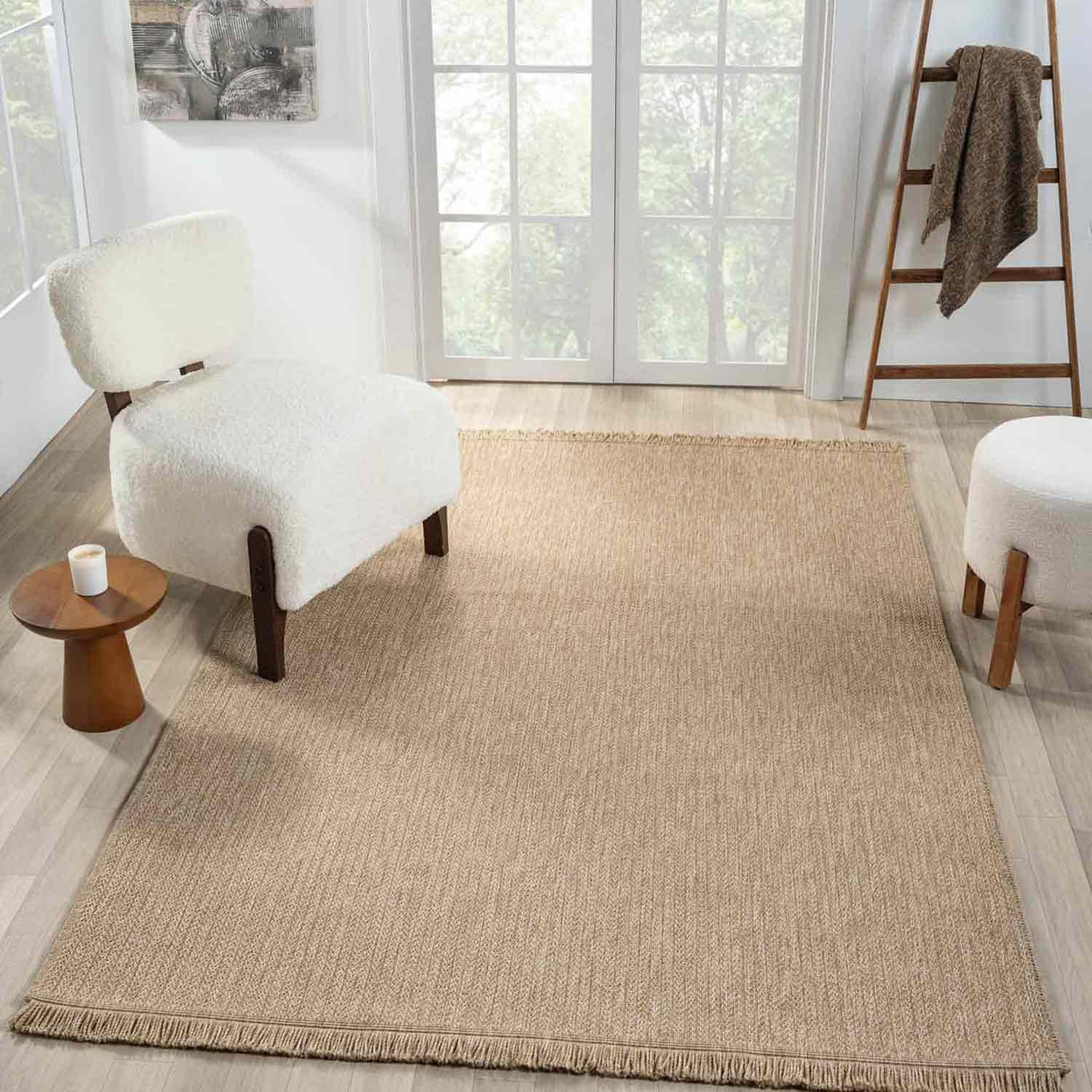 Bej Kahve Hasır Dokulu Modern Saçaklı Halı