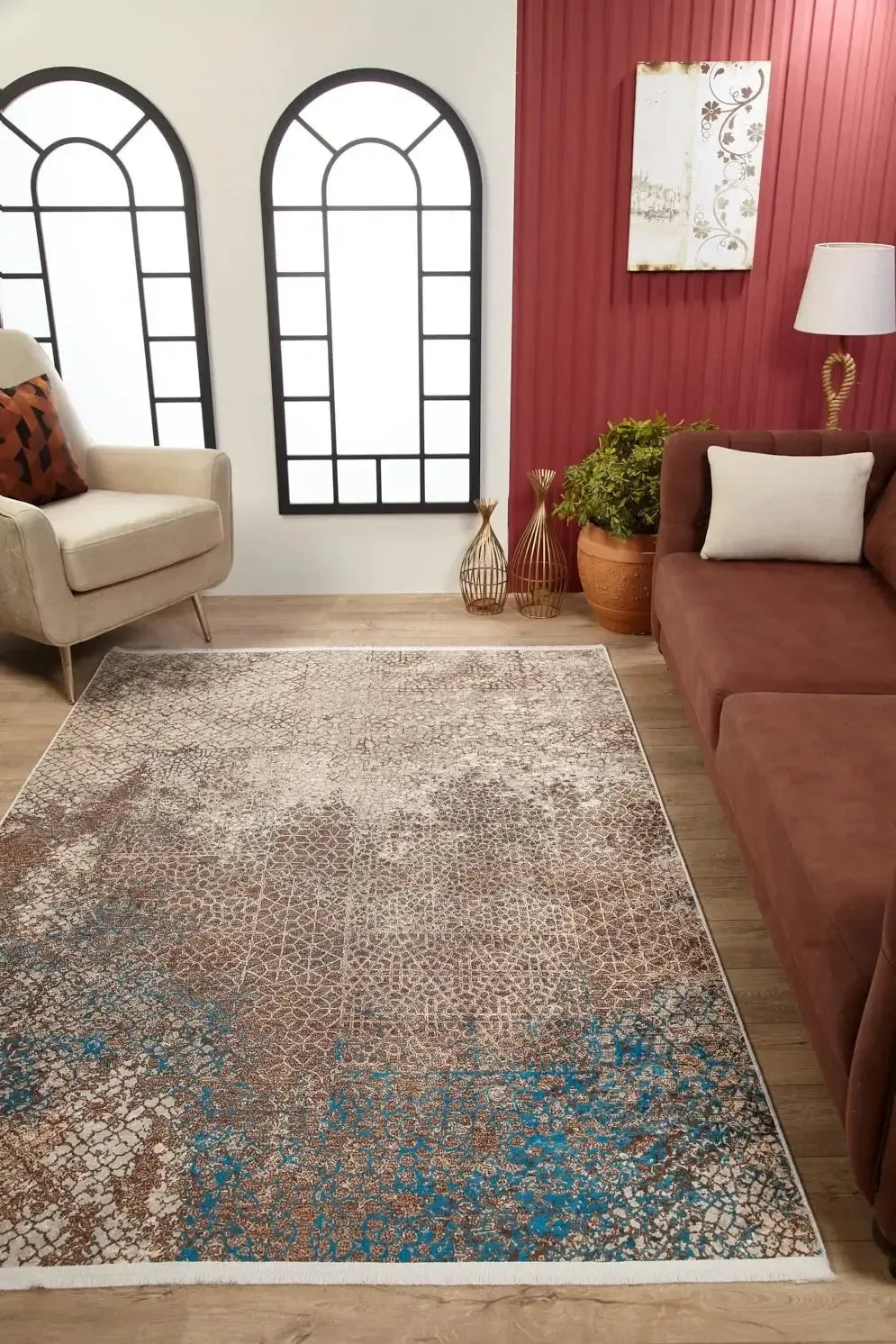 Bej, Kahve ve Mavi Tonlarda Mozaik Desenli Halı-Pera Halı