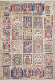 Bej Otantik Kareli Desenli Eskitme Halı-Pera Halı