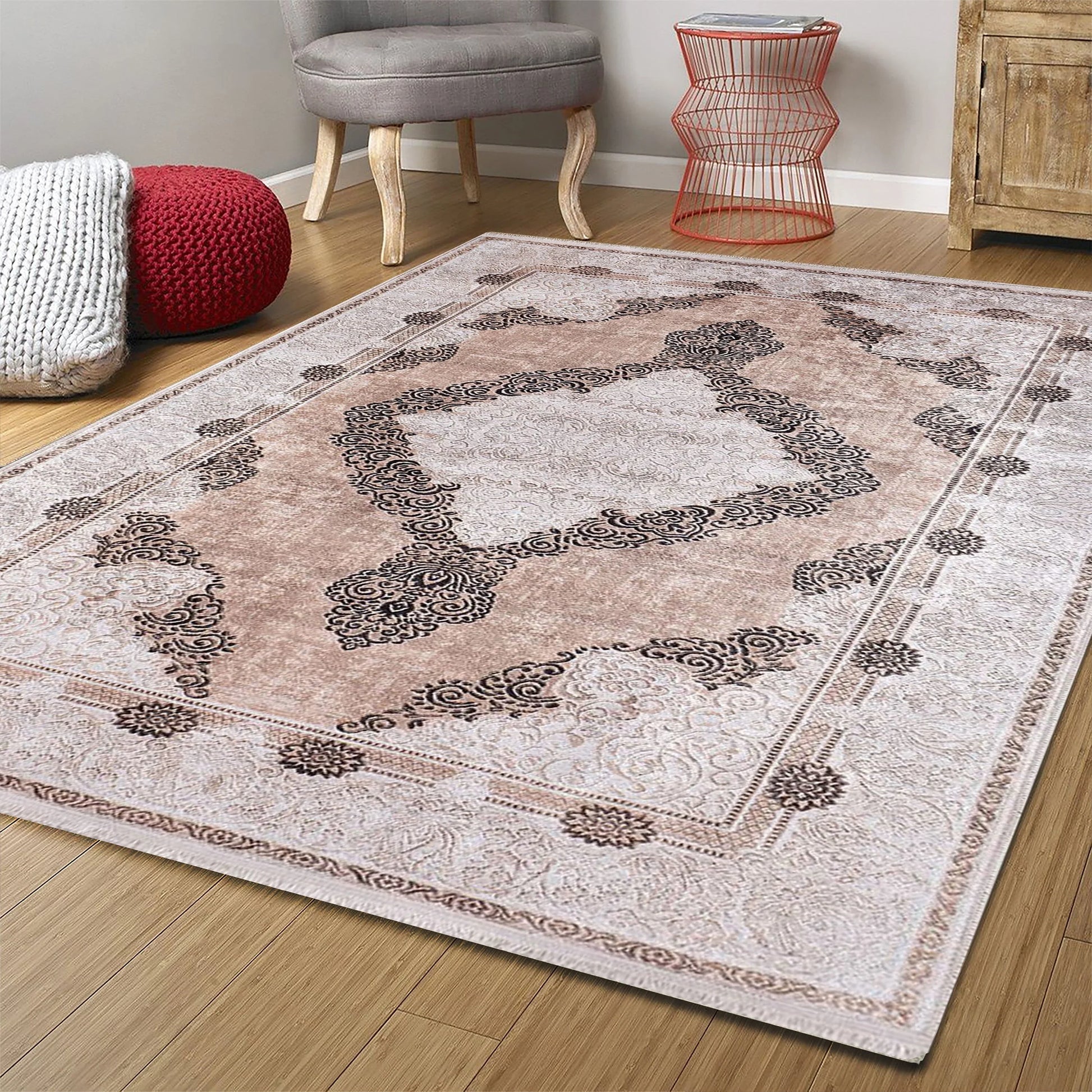 Bej Pembe Eskitme Kahverengi Kilim Halı-Pera Halı