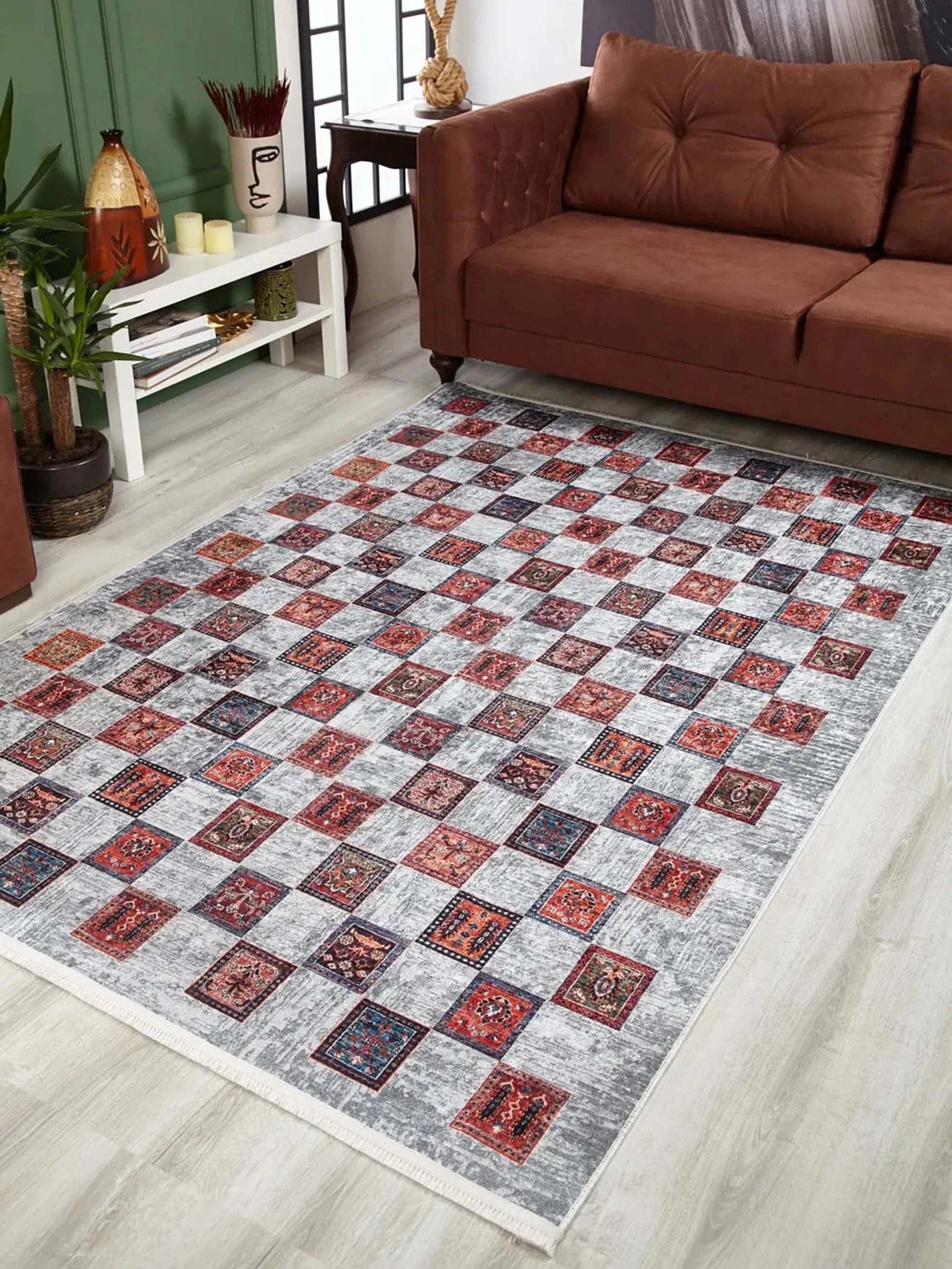 Bej Pembe Gri Geometrik Desenli Halı-Pera Halı