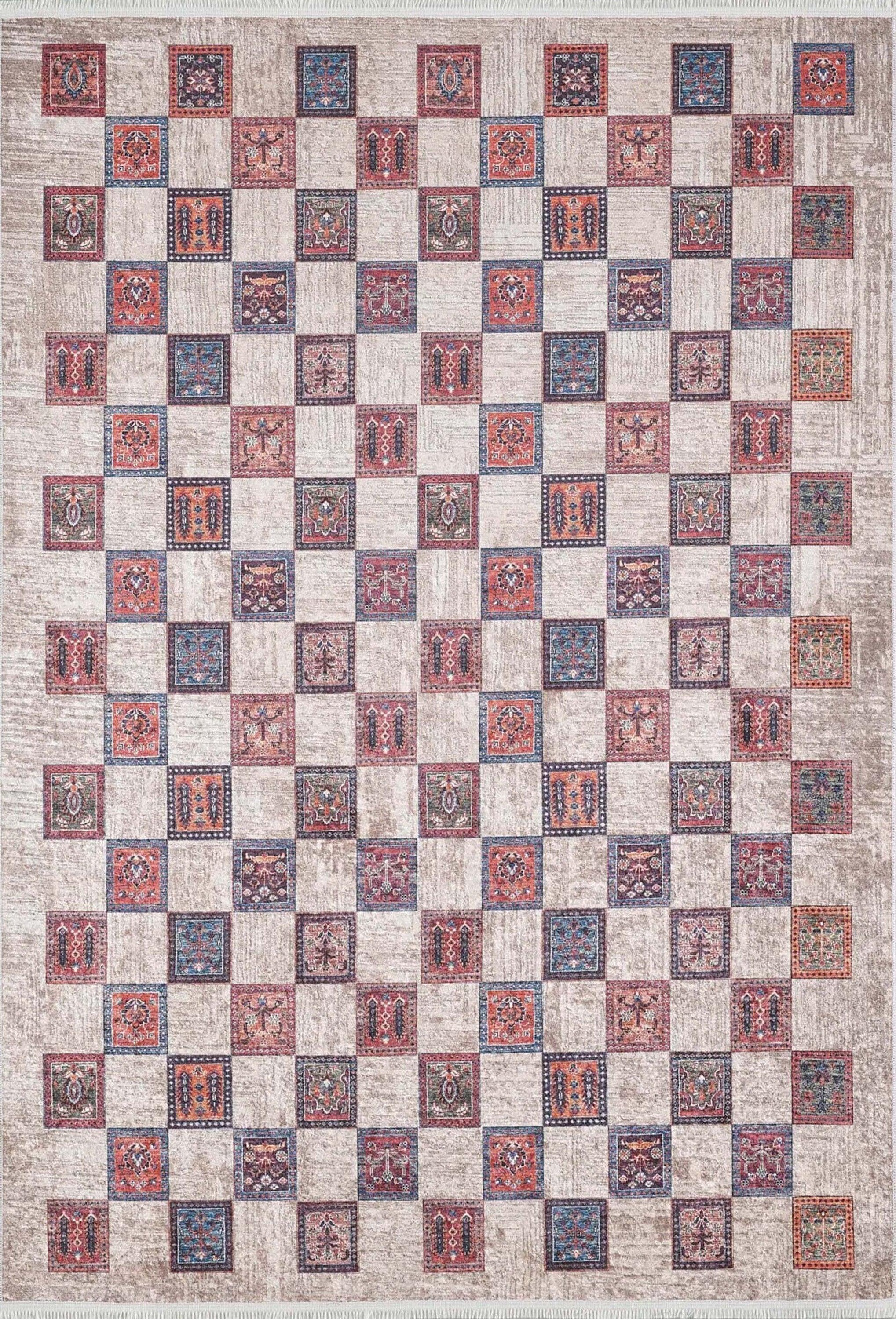 Bej Pembe Gri Geometrik Desenli Halı-Pera Halı