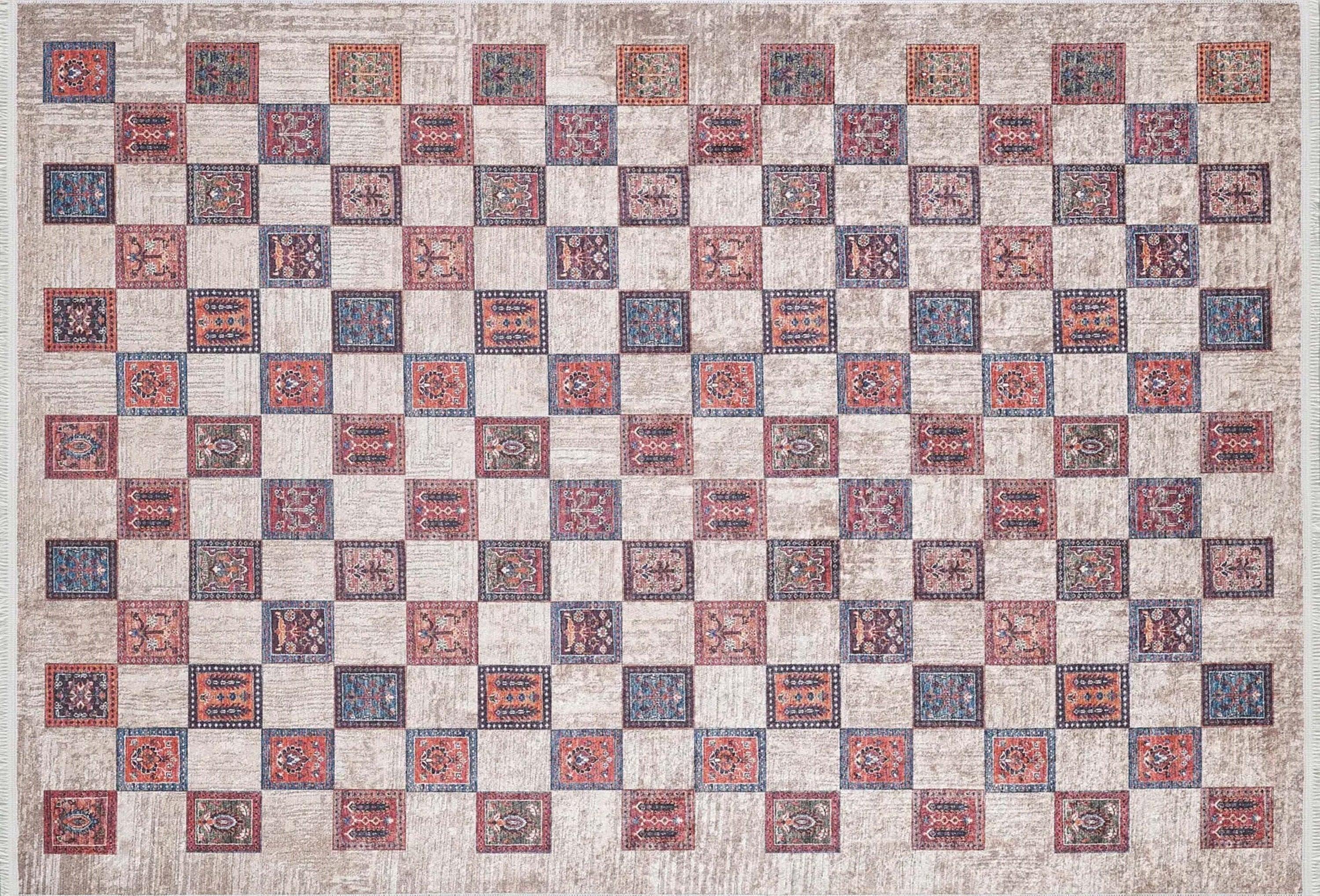 Bej Pembe Gri Geometrik Desenli Halı-Pera Halı