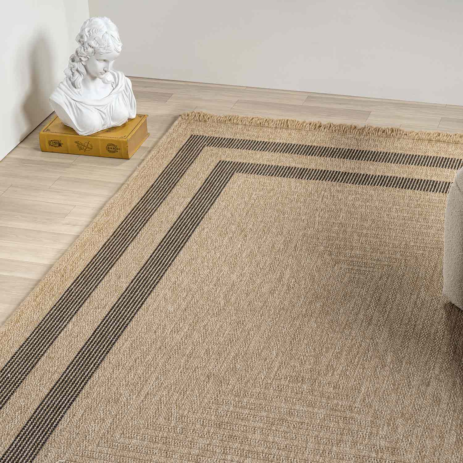 Bej Siyah Dikdörtgen Desenli Modern Halı-Pera Halı