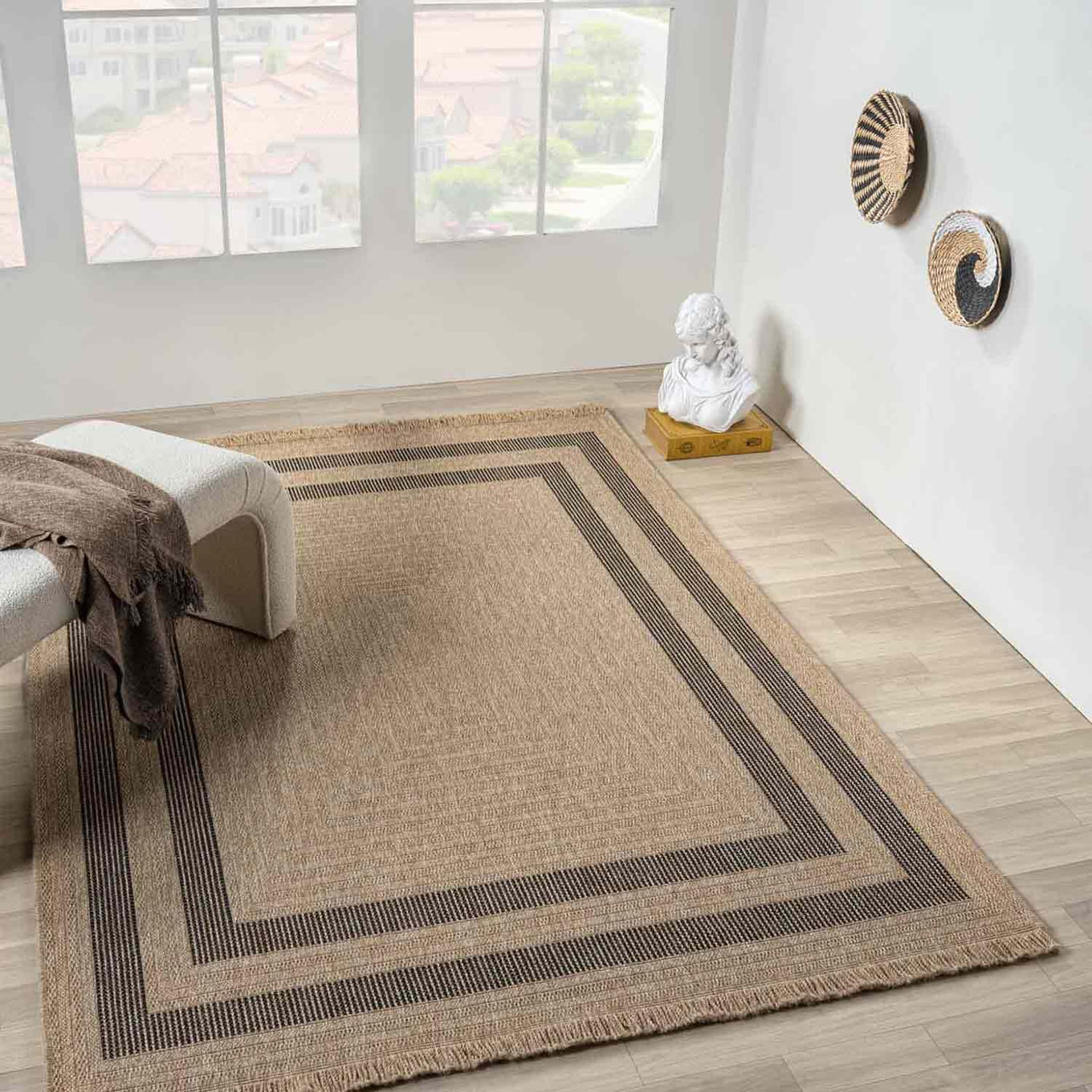 Bej Siyah Dikdörtgen Desenli Modern Halı