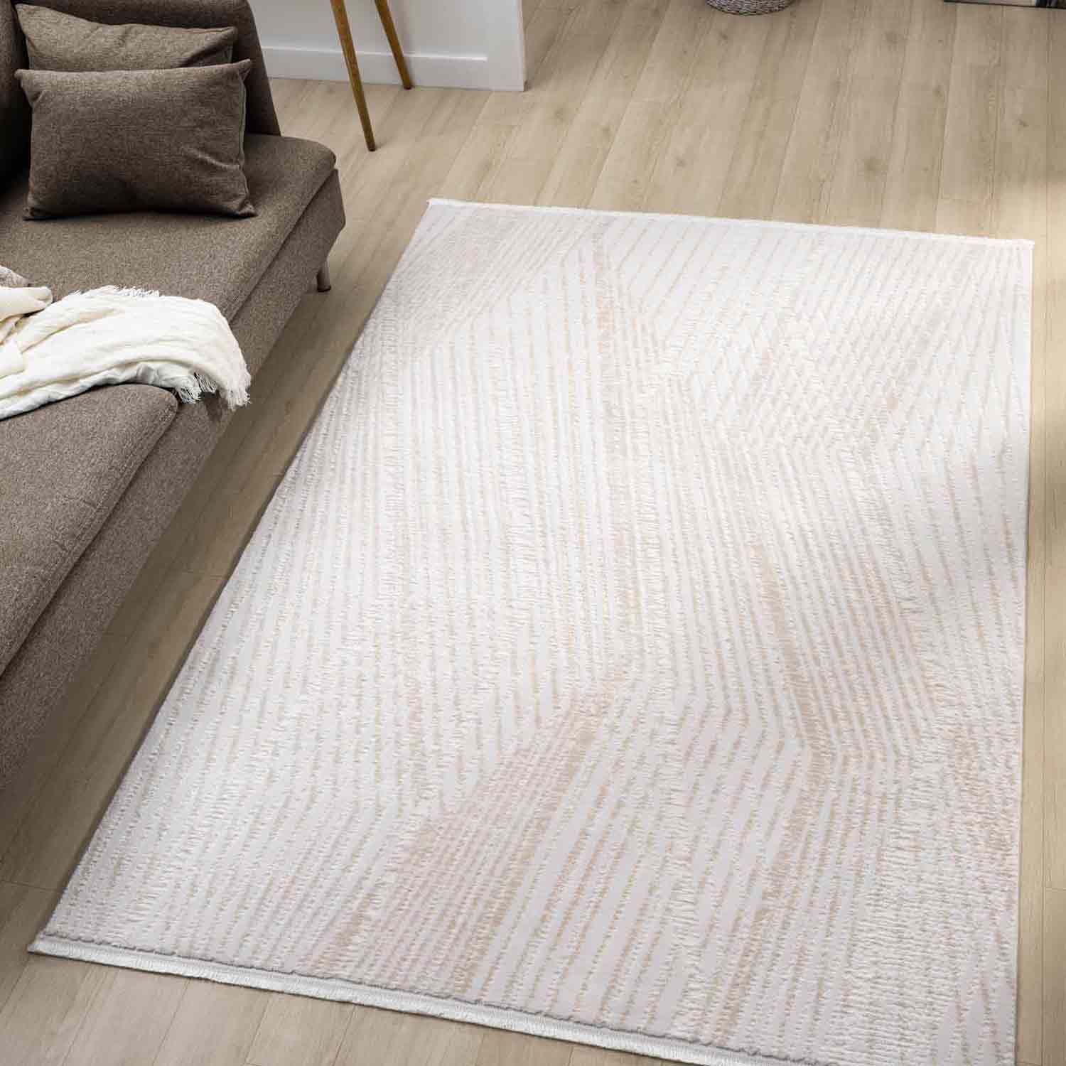 Bej Ton Sür Ton Kabartmalı Zikzak Çizgili Halı-Pera Halı