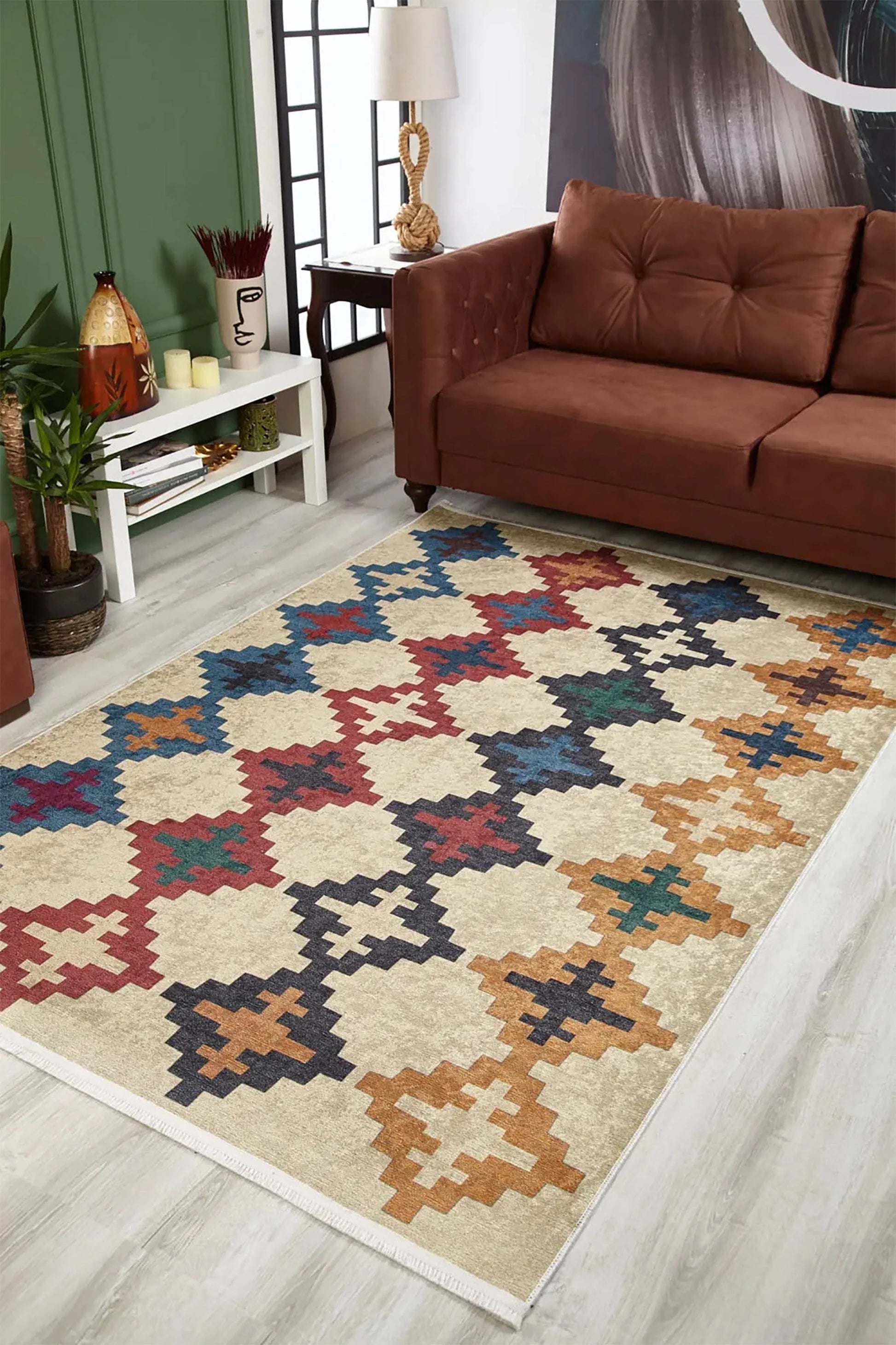 Bej Zeminli Çok Renkli Etnik Desenli Bohem Tarzı Kilim Halı-Pera Halı