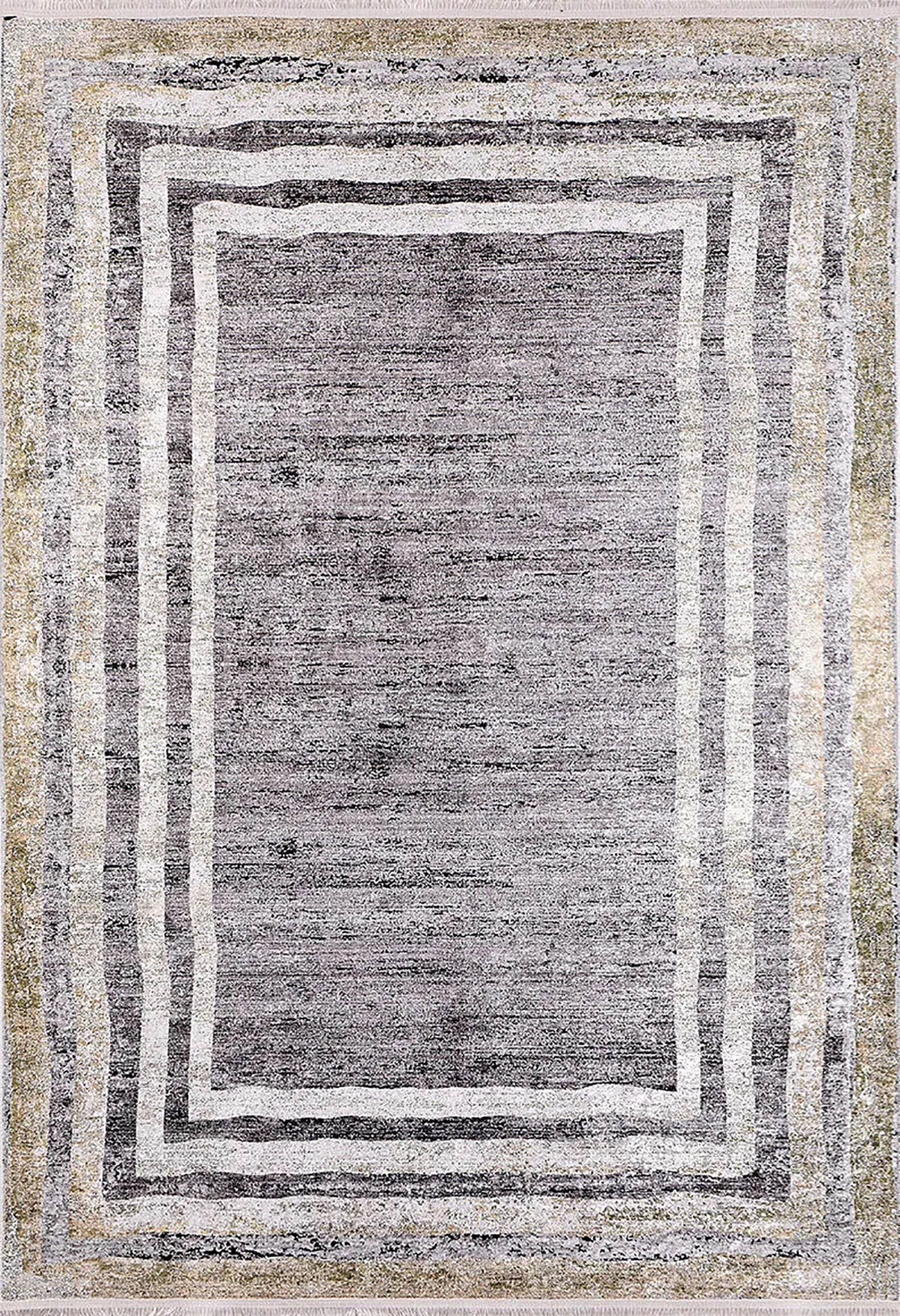 Bej ve Haki Çizgili Bordürlü Füme ve Gri Modern Eskitme Halı-Pera Halı