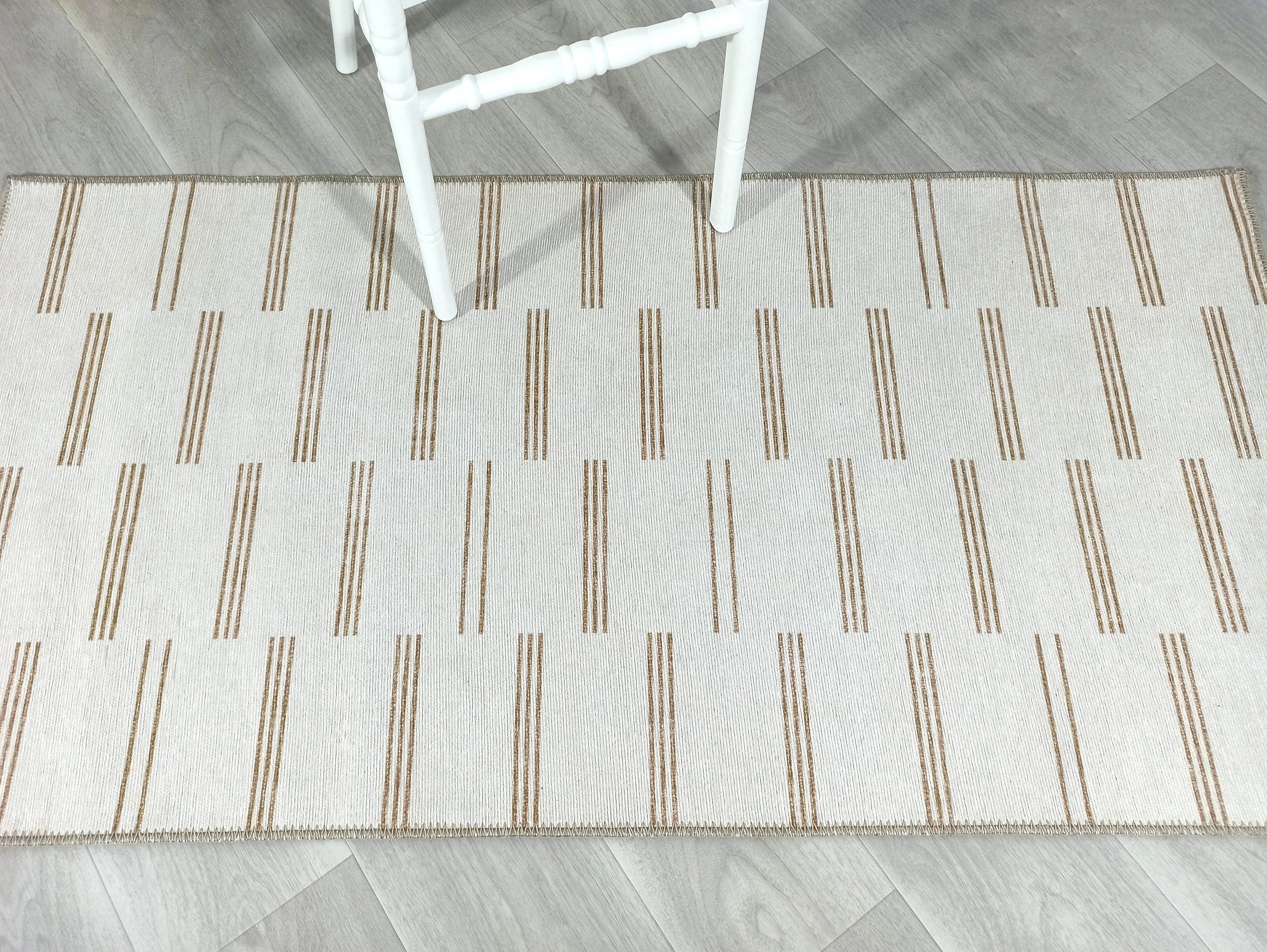 Bej ve Kahverengi Çizgili Nötr Vintage Halı-Pera Halı