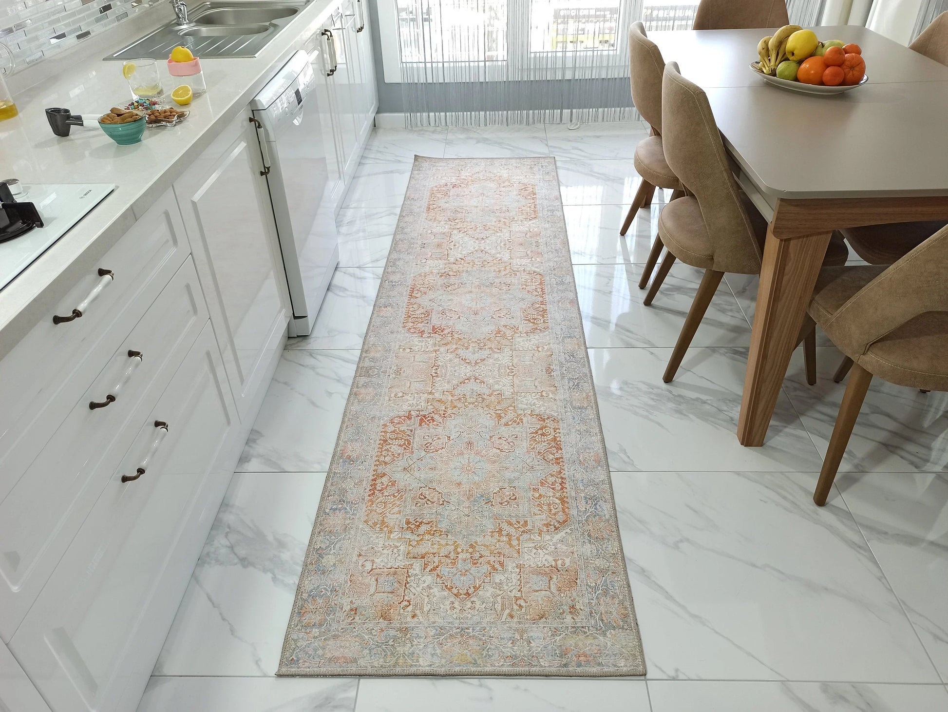 Bej ve Mavi Renkli Eskitilmiş Vintage Halı-Pera Halı