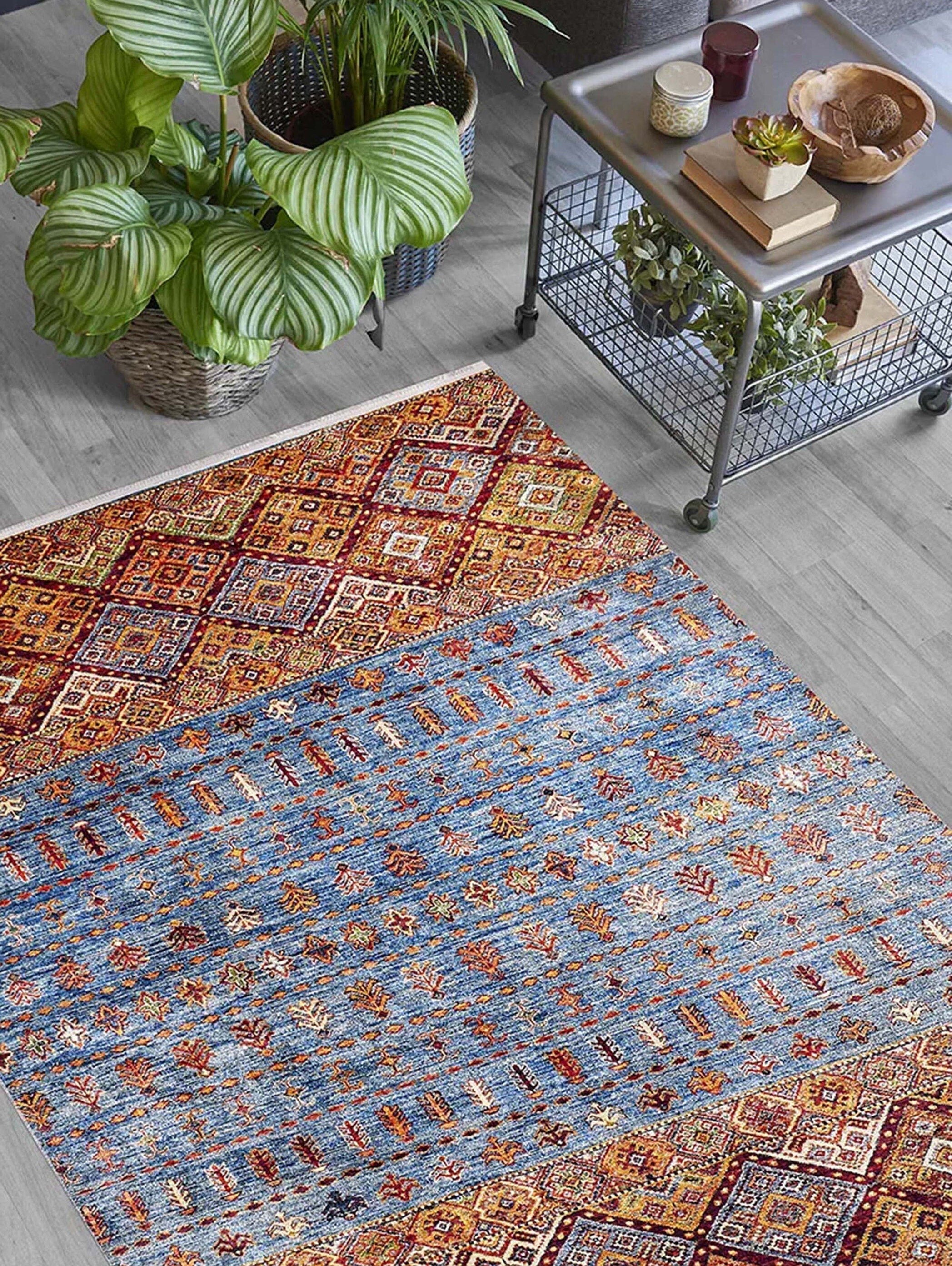 Turuncu Mavi Geometrik Desenli Anadolu Kilim Halı - Pera Halı