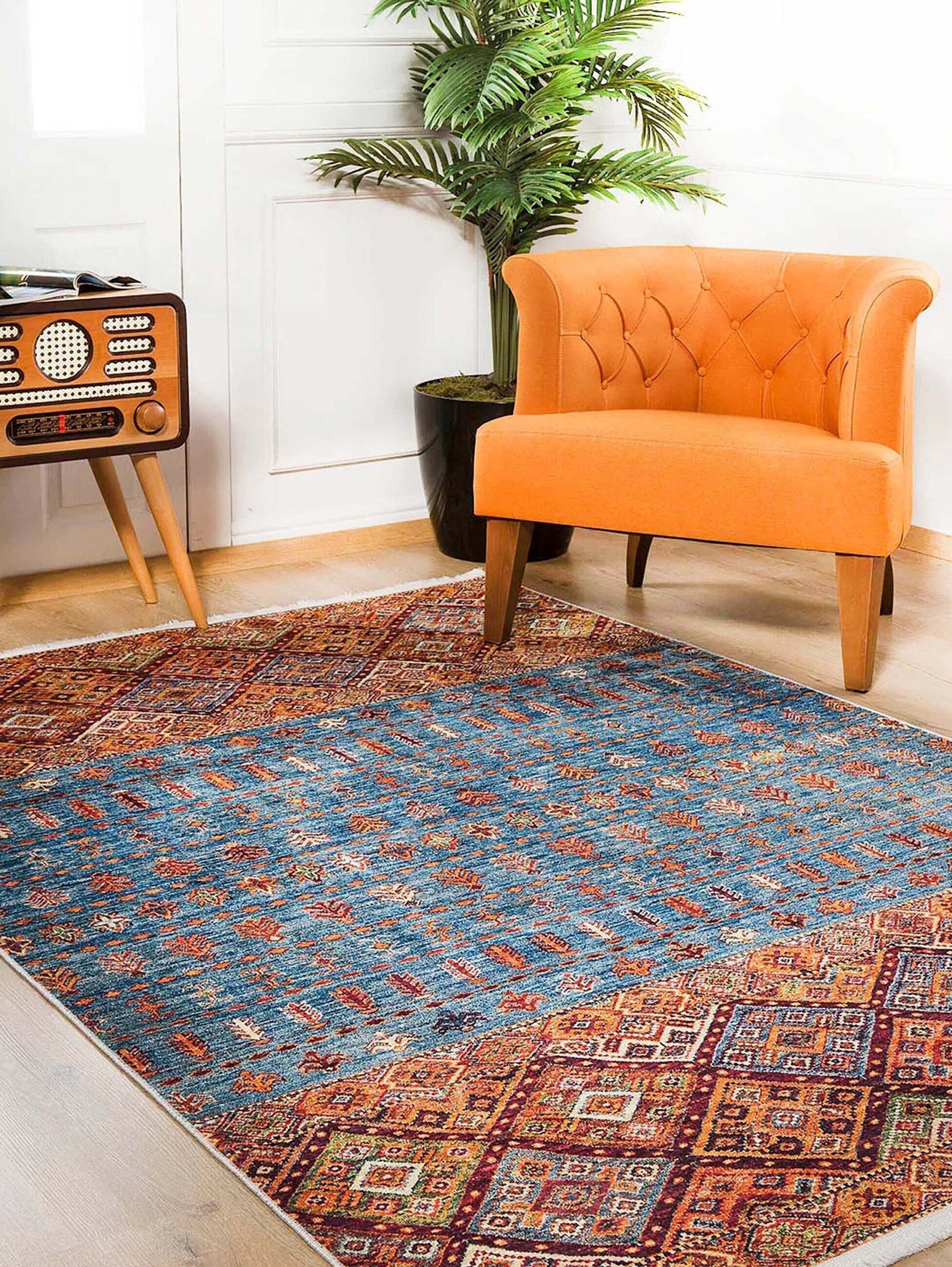 Turuncu Mavi Geometrik Desenli Anadolu Kilim Halı - Pera Halı