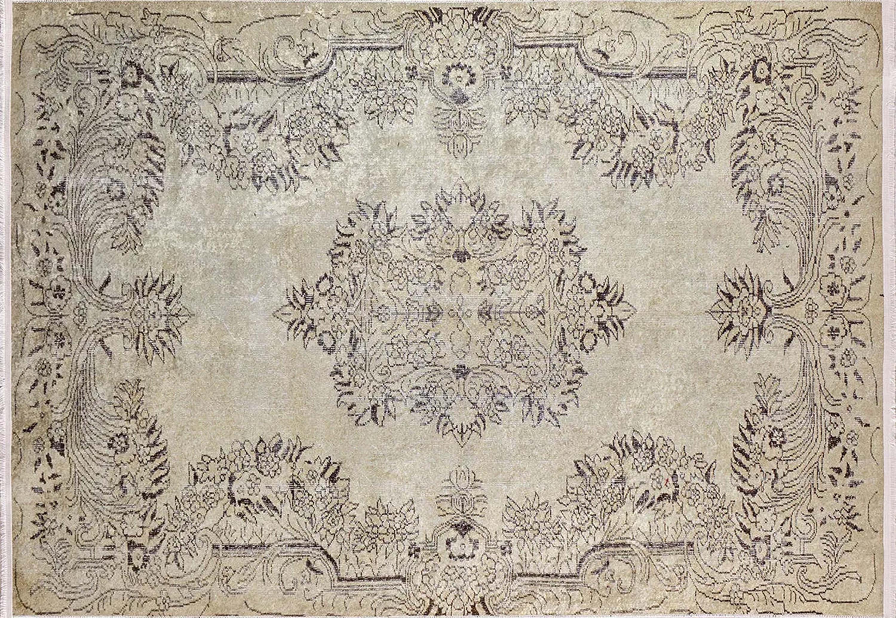 Vintage Eskitme Tarzı Madalyon Desenli Bej Halı - Pera Halı