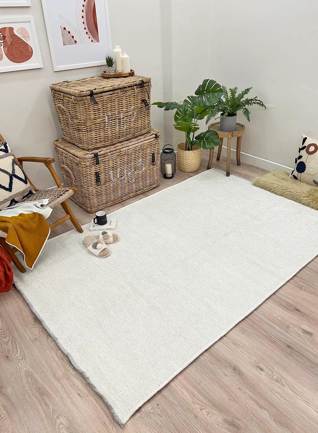 Beyaz Bej Modern Düz Yıkanabilir Antibakteriyel Halı-Pera Halı