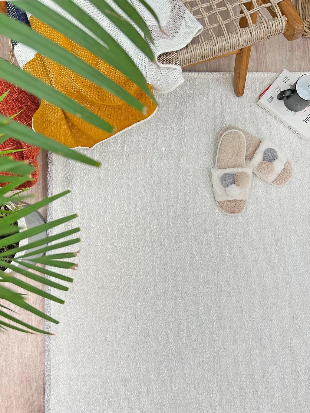 Beyaz Bej Modern Düz Yıkanabilir Antibakteriyel Halı-Pera Halı