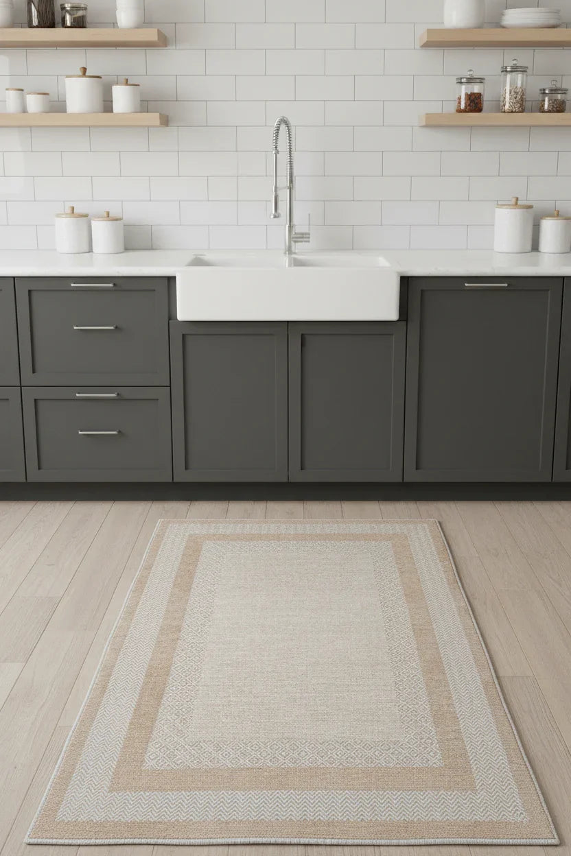 Beyaz Bej Modern Yıkanabilir Antibakteriyel Salon Halısı-Pera Halı