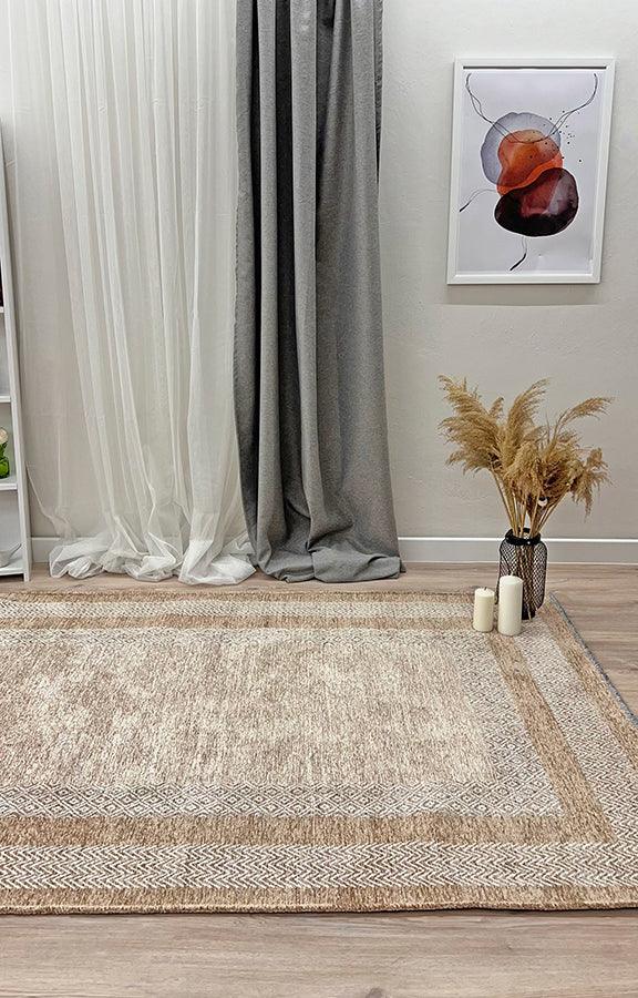 Beyaz Bej Modern Yıkanabilir Antibakteriyel Salon Halısı-Pera Halı