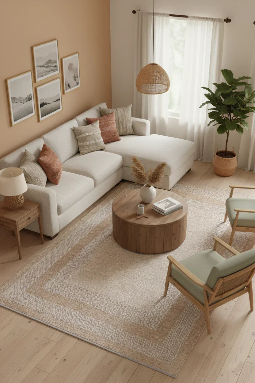 Beyaz Bej Modern Yıkanabilir Antibakteriyel Salon Halısı-Pera Halı