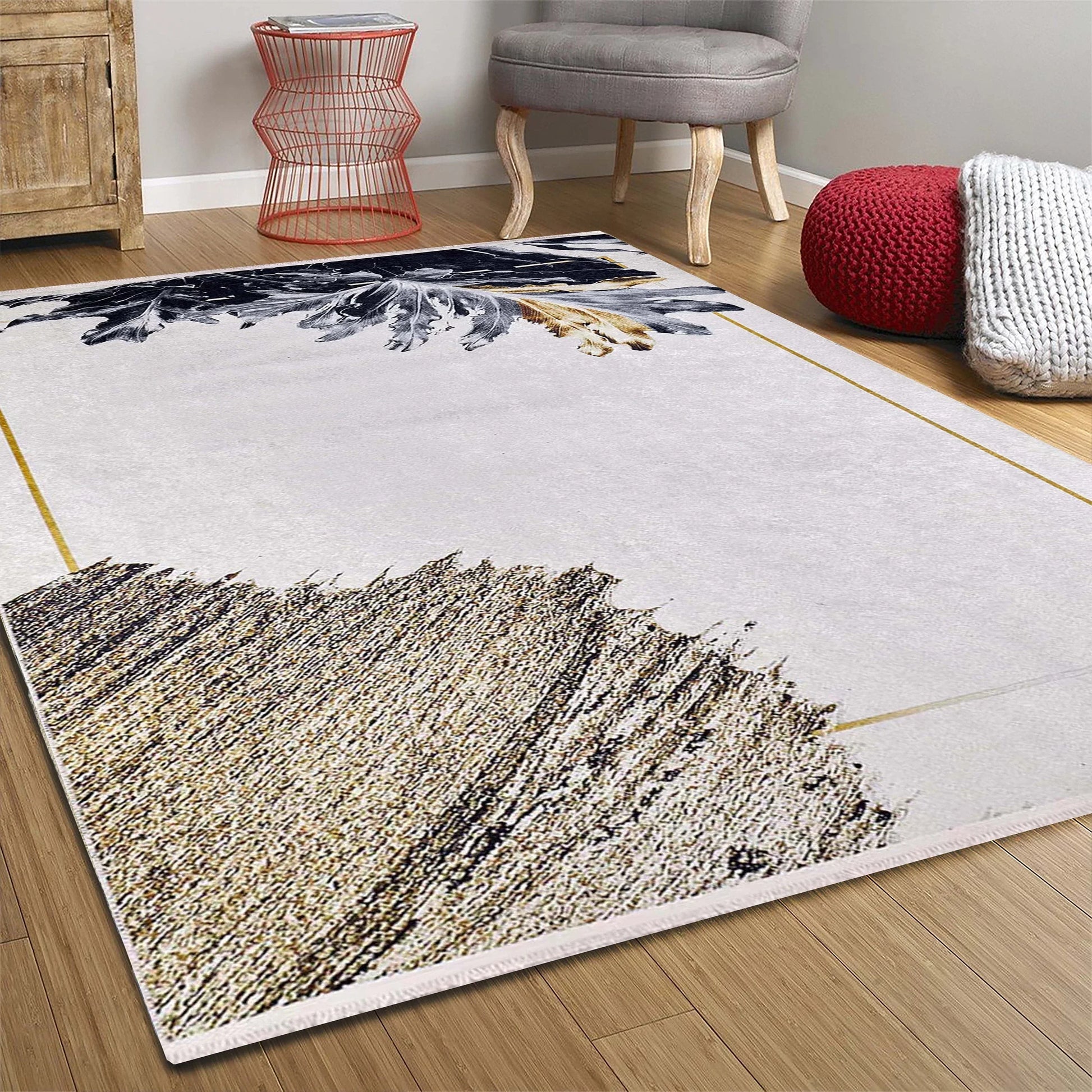 Beyaz Bej Yaprak Desenli Vintage Halı-Pera Halı