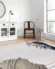 Beyaz Bej Yaprak Desenli Vintage Halı-Pera Halı